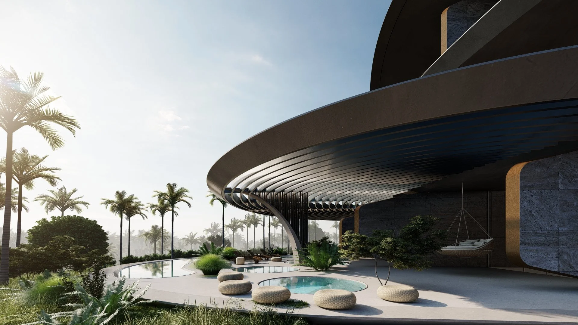 Tulah wellness clinic interior design - exterior pool terrace with dark curved canopy and palms