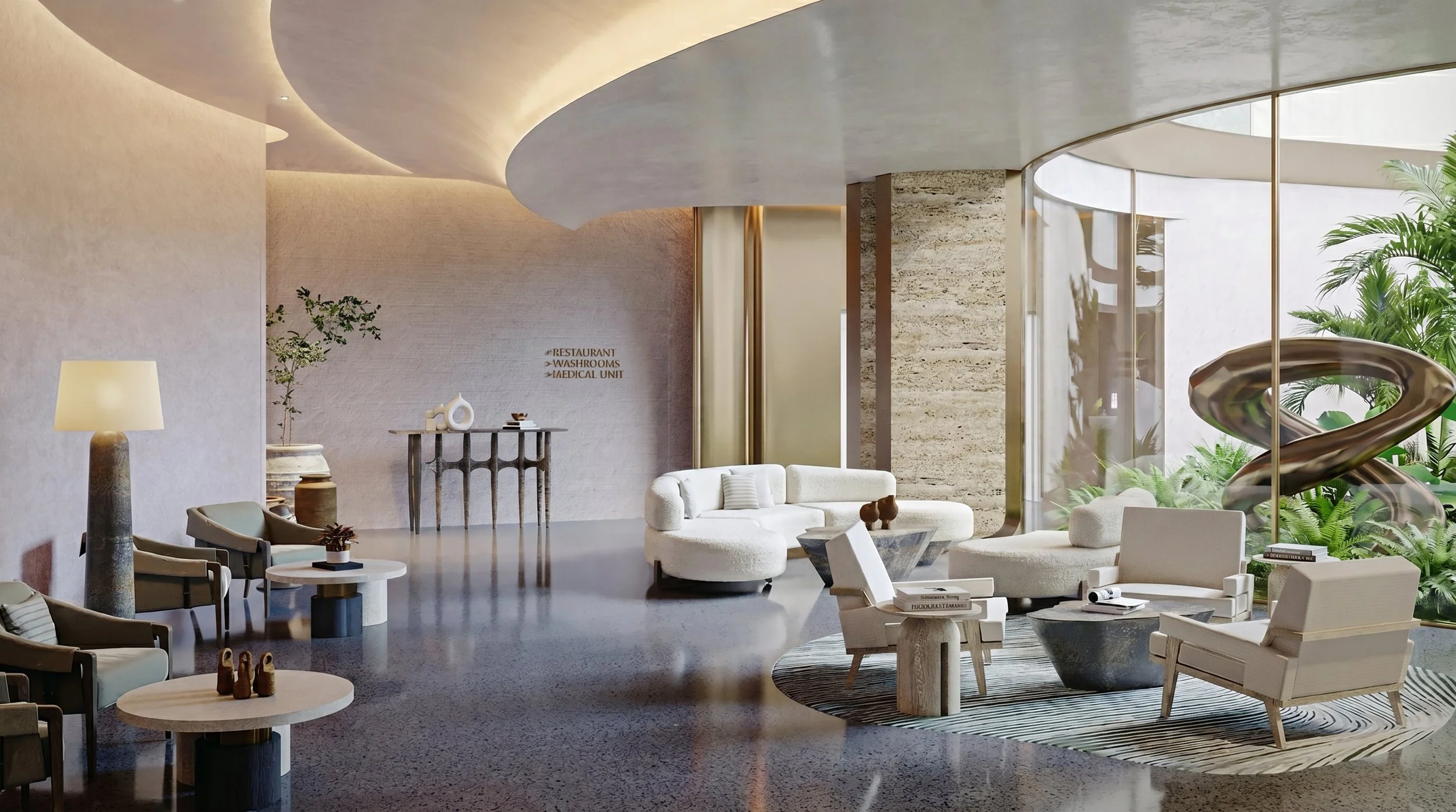Tulah wellness clinic interior design - reception lobby with curved walls and sculptural furniture