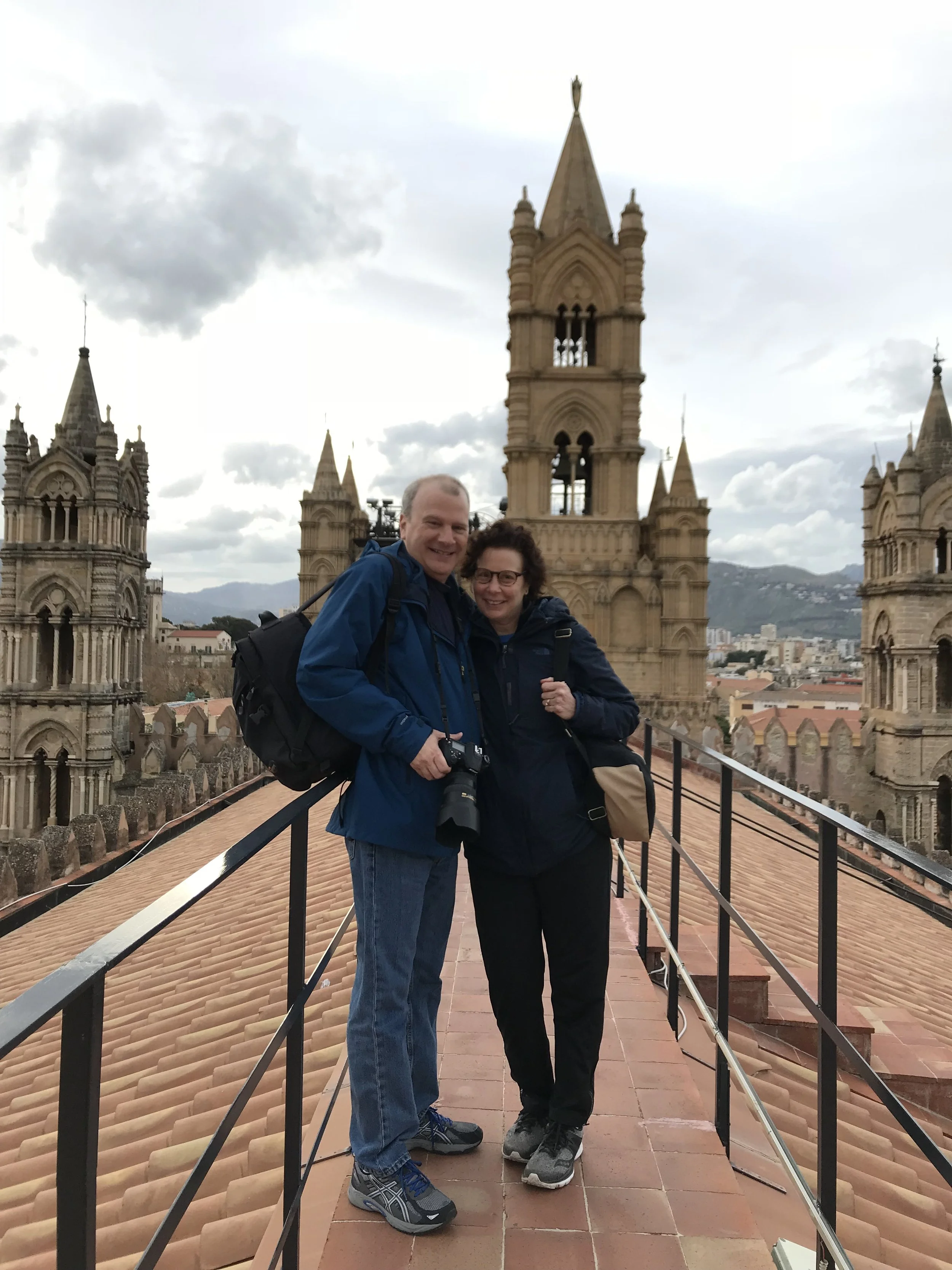  We climbed the 100 or so steps up to the top of the Palermo Cathedral where it was so windy I had to hold onto Peter (and my iPhone) for dear life. The cathedral is a hodge-podge of different architectural styles, with each new conquerer putting his