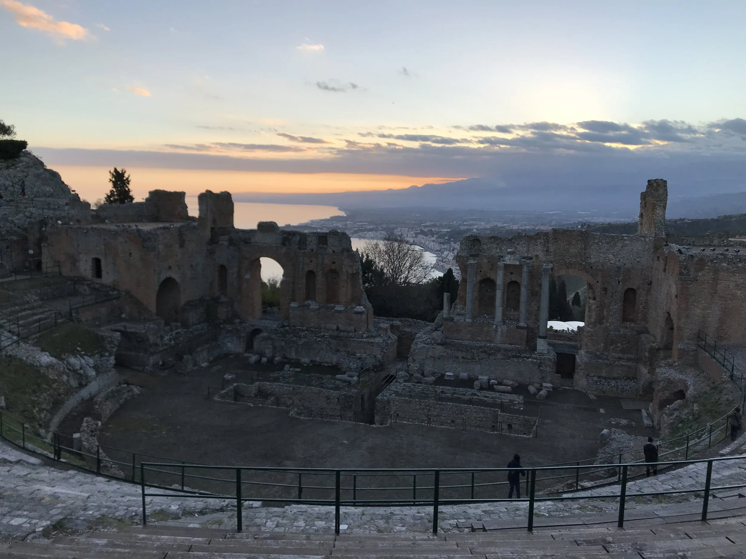  We had this Greek Amphitheater almost to ourselves at sunset, once the man barking into a cellphone had the good sense to leave. In another bit of Sicilian architectural recycling, some of the columns from the Greek amphitheater can be found inside 