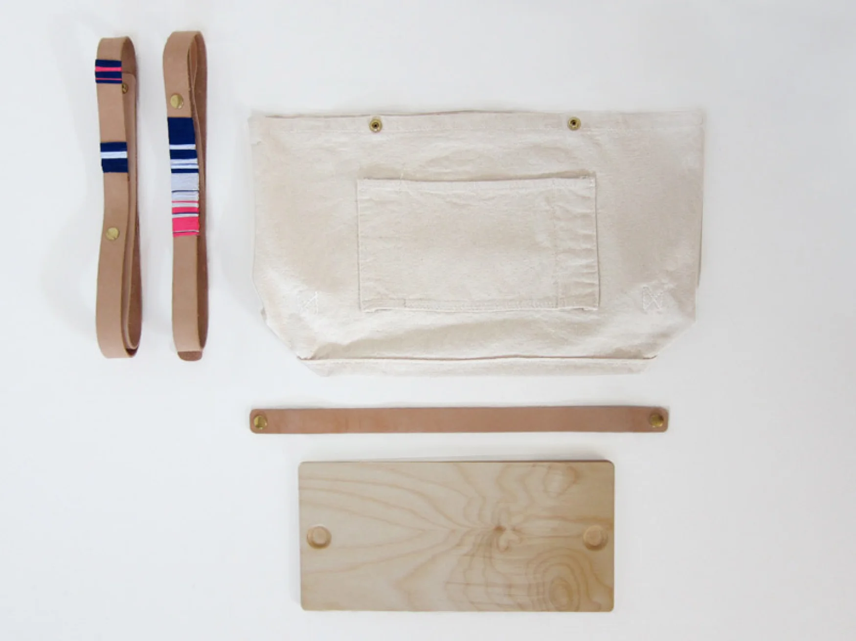 Picnic Bag, un-assembled. 12 oz natural canvas, veg tan leather, plywood and silk embroidery thread. September 2011.