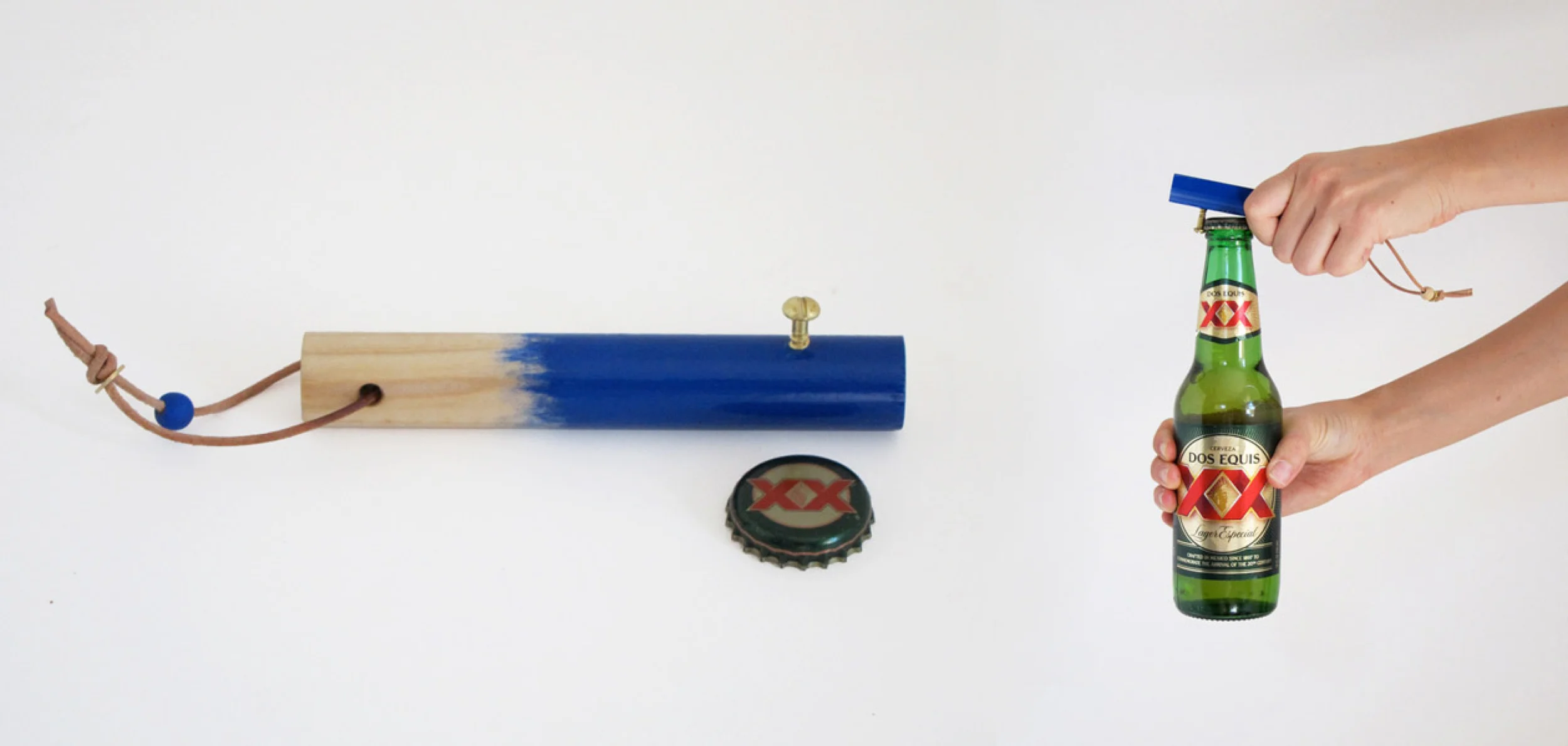 Favela bottle openers. White maple dowels, brass hardware and leather cord. September 2011.