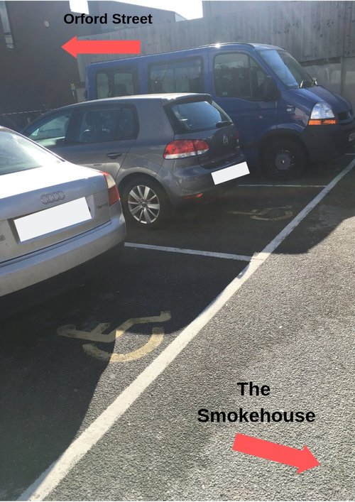 Disabled parking in the carpark directly opposite South Street Studios
