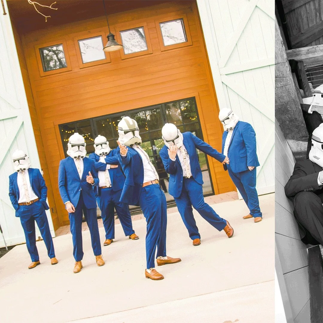 Few shots from a galaxy far far away...

This is a groomsmen Clone Trooper shoot I did recently.

Shane, the groom, had one mission: suit up him and his entire squad in full Clone Trooper helmets for the groomsmen portraits. I was hired just to shoot