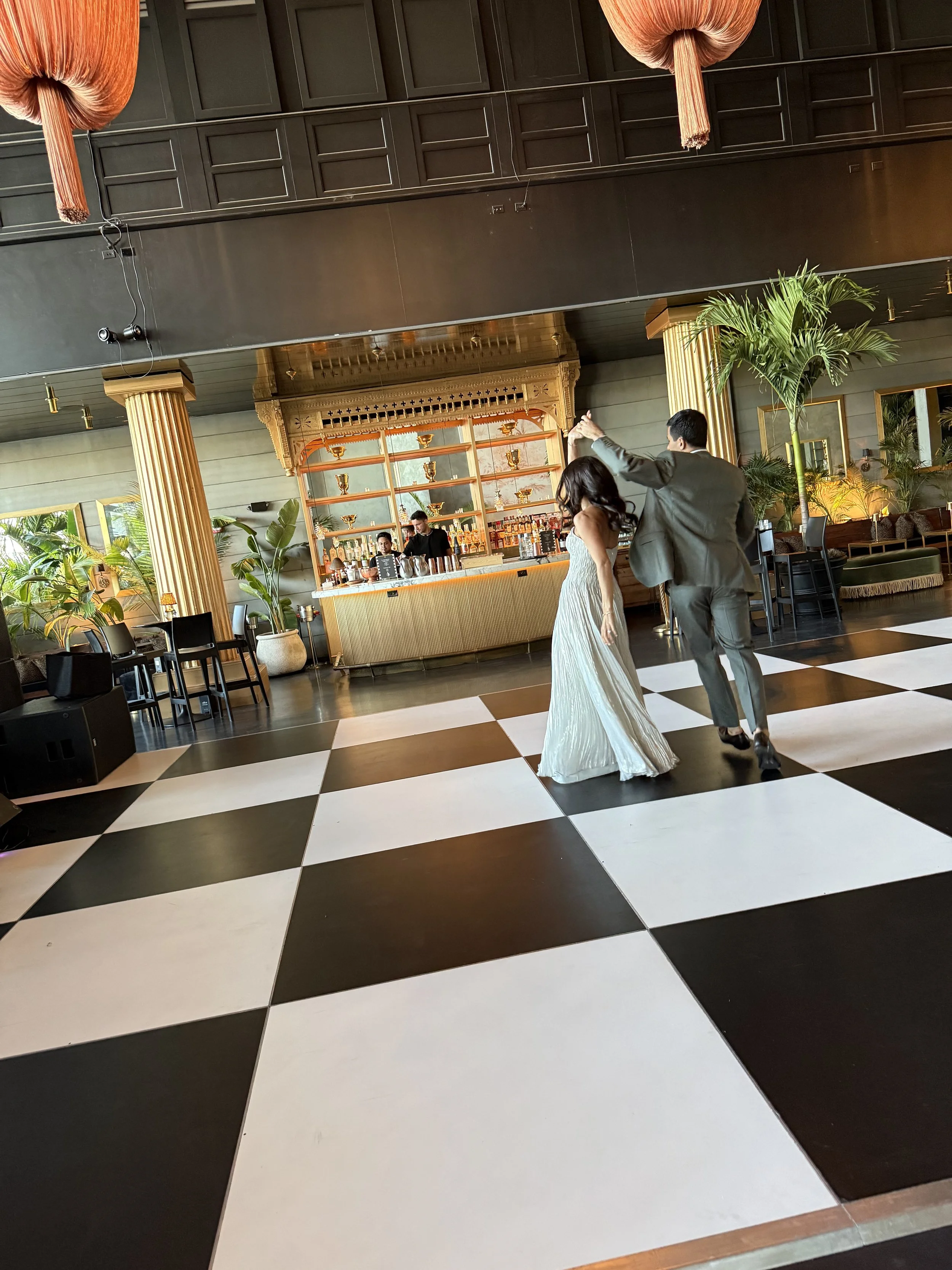 custom dance floor and lounge furniture at Gitano NYC for a wedding celebration 