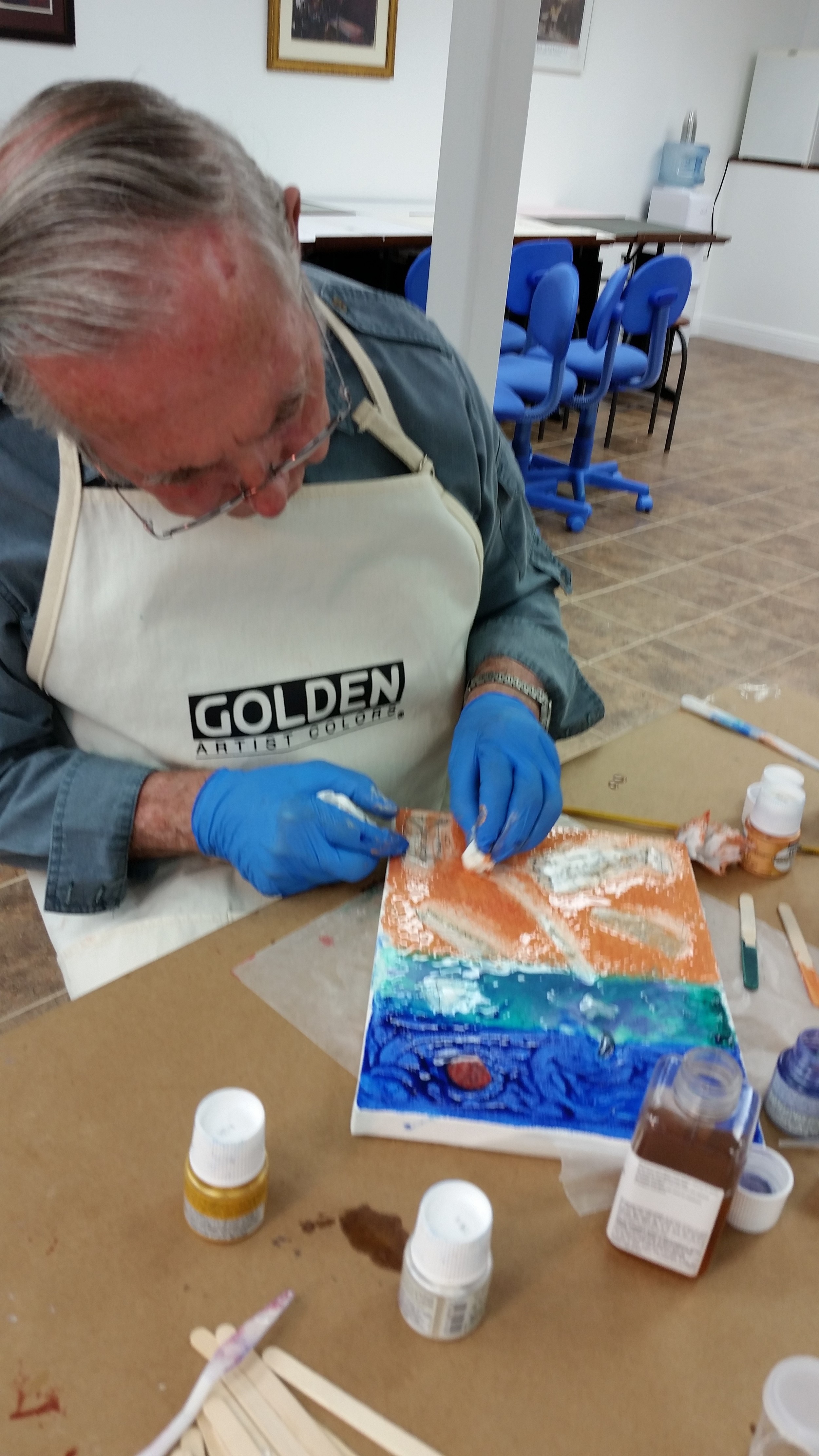Time to get painting with the Pebeo liquid oils! Going over top of the dried collage and resin with Pebeo Vitrail, Fantasy Prisme and Fantasy Moon paints.