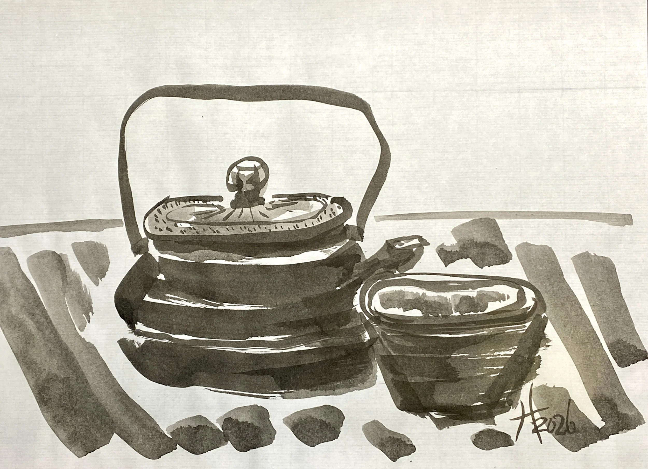 Sumi-e Ink and Watercolors Teapot and Cup Live Painting Class and Art Sale
