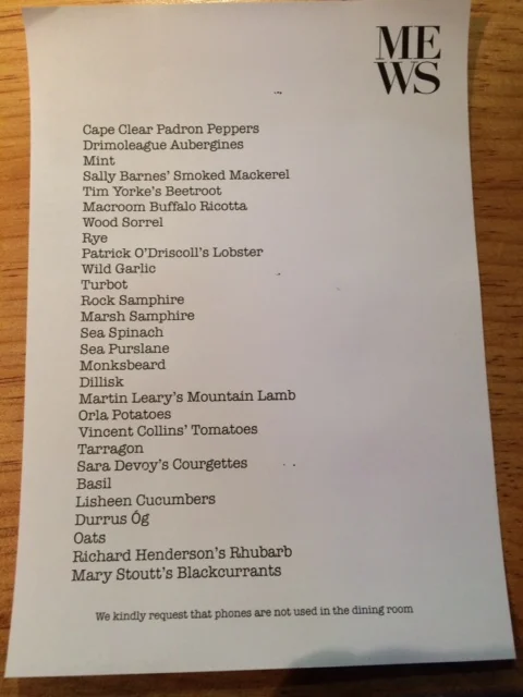 The ingredient list at Mews, Baltimore