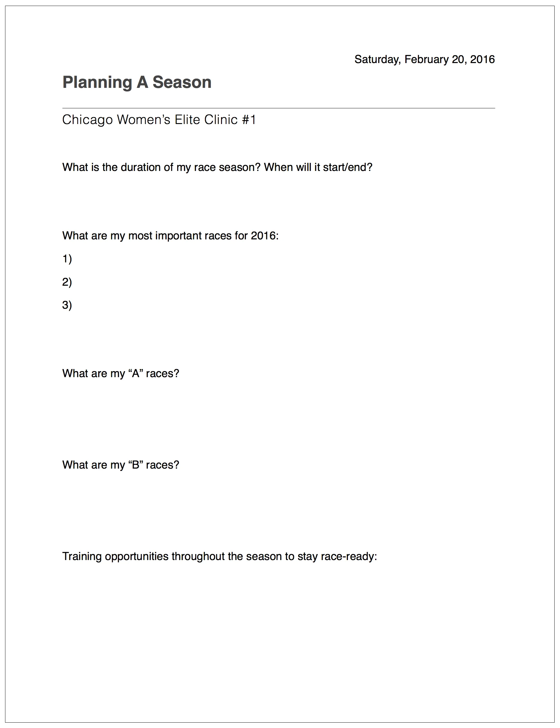 Worksheet for participants to start thinking about planning their season.