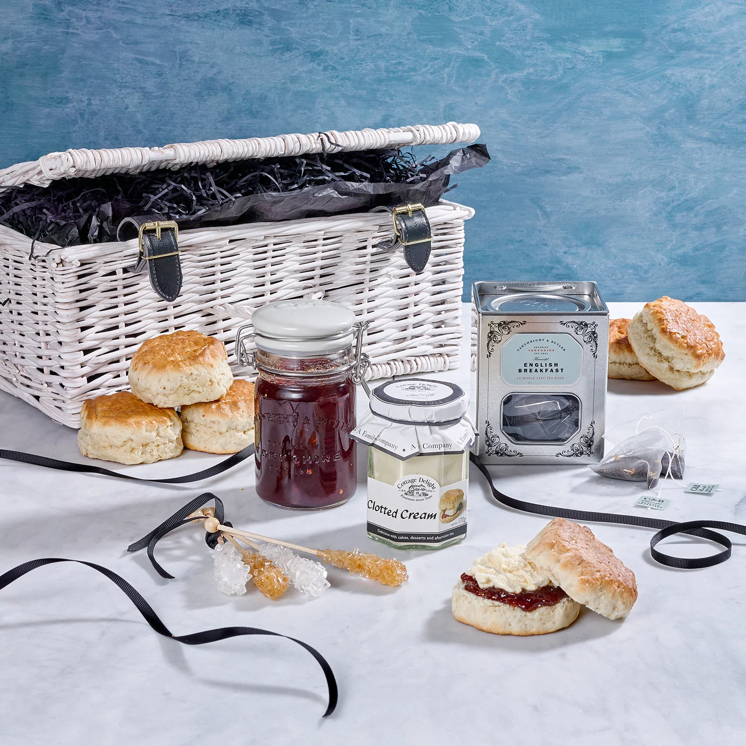 Hamper product photography food and still life photography, jam scones and cream shot in london by Howlett photography