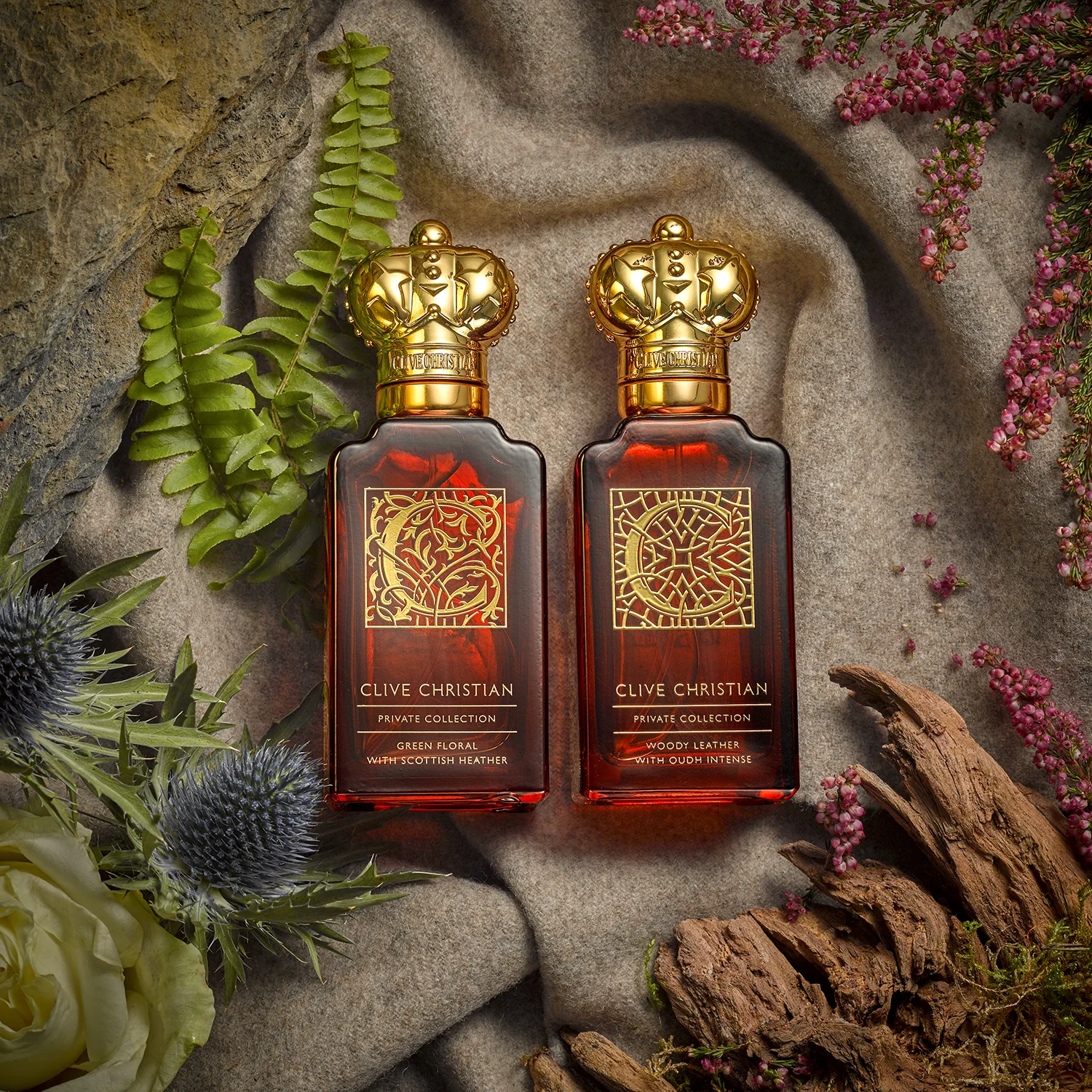 thistle wood heather, lifestyle props surround cosmetic products still life image created by howlett photography in london