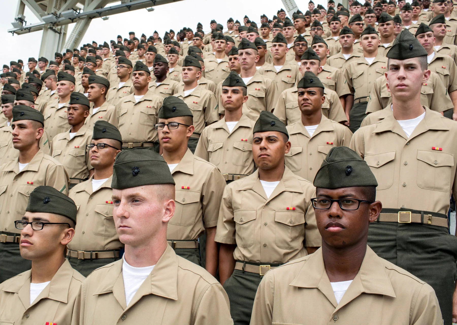 Recruits and graduates of the Marine Corps Recruit Depot stand at attention before a game at Petco Park in San Diego, CA. At each home Sunday game, the Padres honor members of the military. 