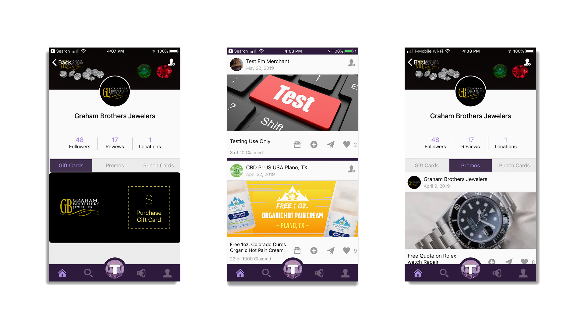 The original design layout for the app’s newsfeed (center) and merchant profile (left & right) pages