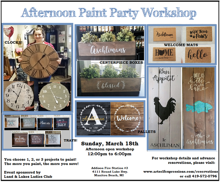 Afternoon Paint Party Workshop BYOW (Wine) -  hosted by Land & Lakes Ladies Club at the Addison Fire Station #3 