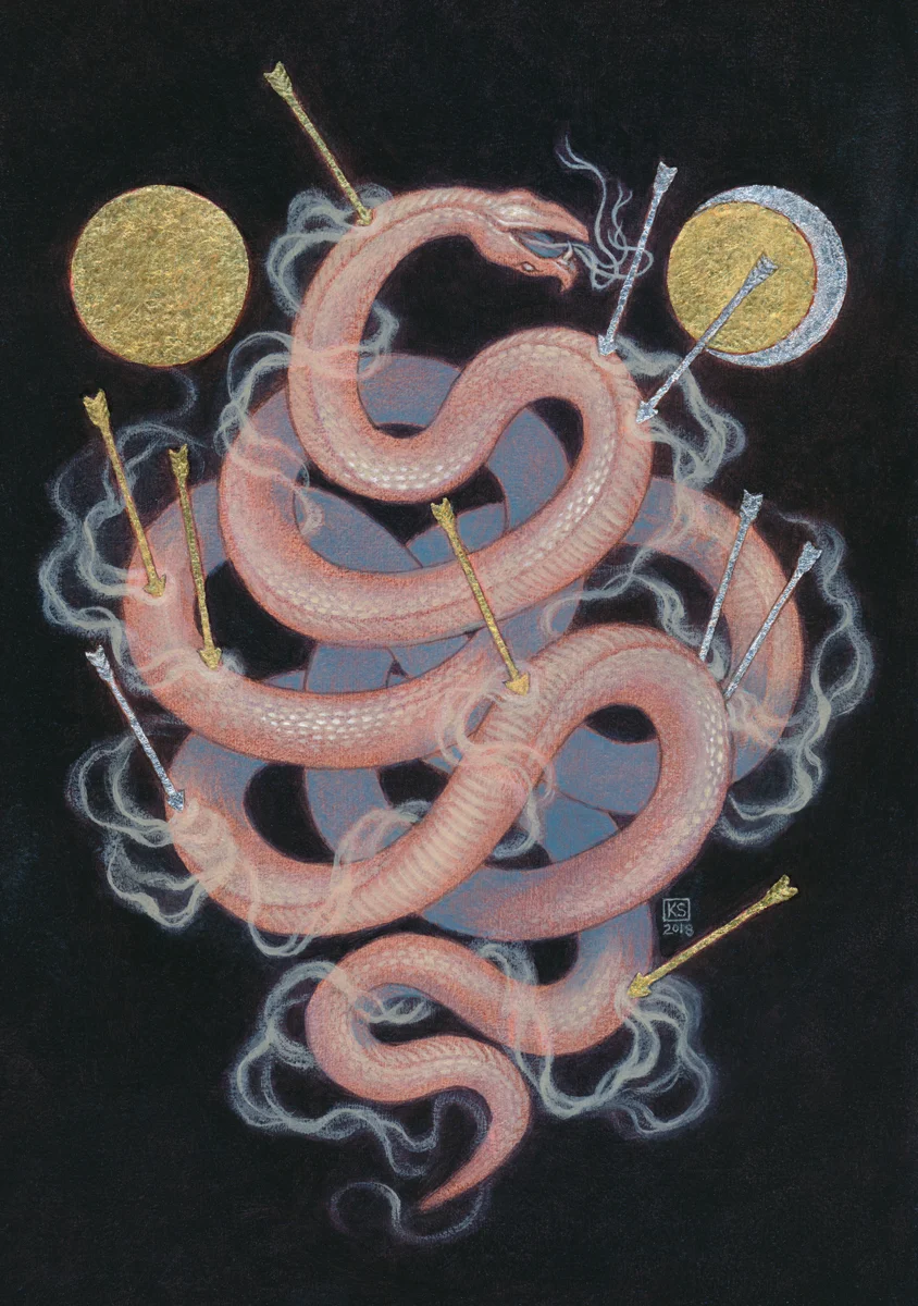 Mnemosyne: Apollo and Artemis Slaying the Dragon Python oil and 23K gold leaf and fine silver leaf on board, 5x7 inches