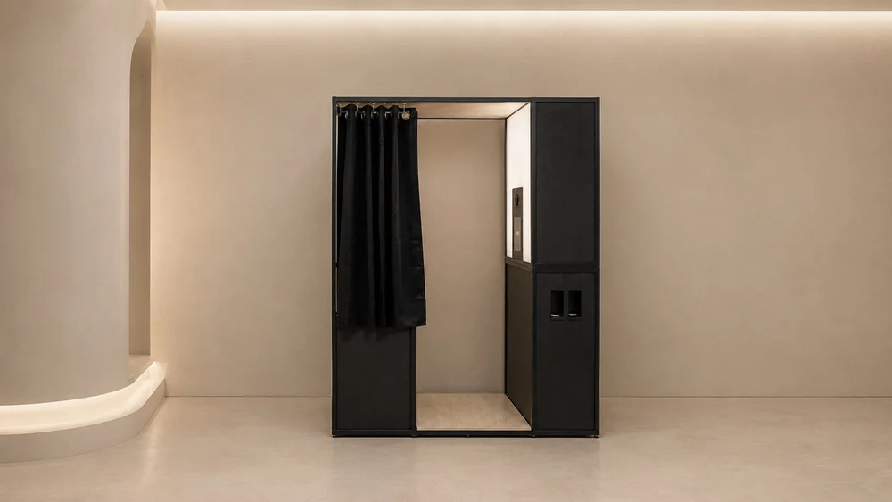 Vintage enclosed photo booth design with a black curtain