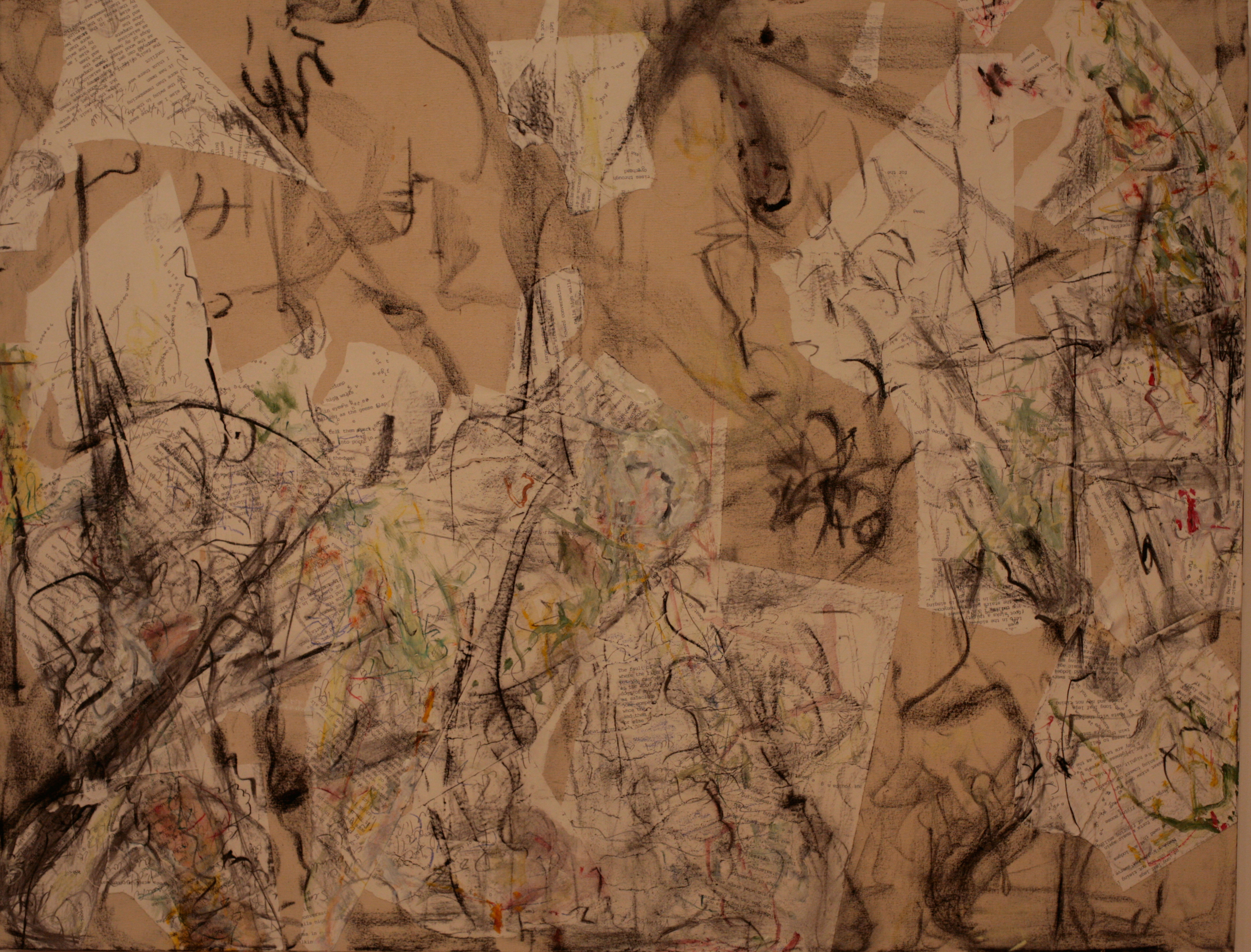 "Wordtree #13", charcoal, type face, poetry collage, acrylic on canvas, 38"x48", 