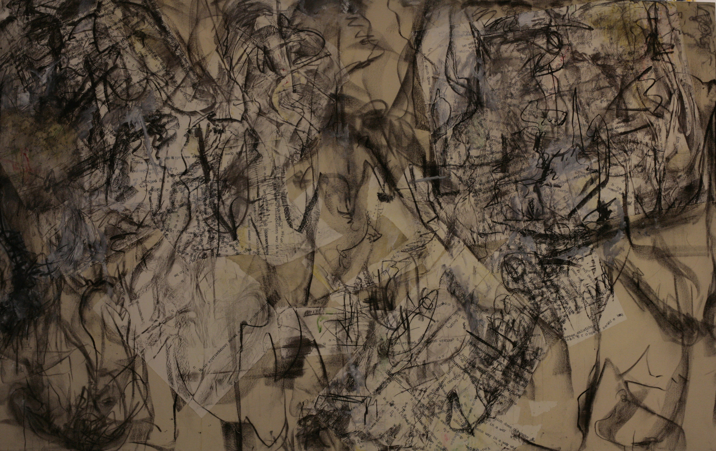 "Wordtree" #12, charcoal, type face, poetry collage, medium on canvas, 60"x96"