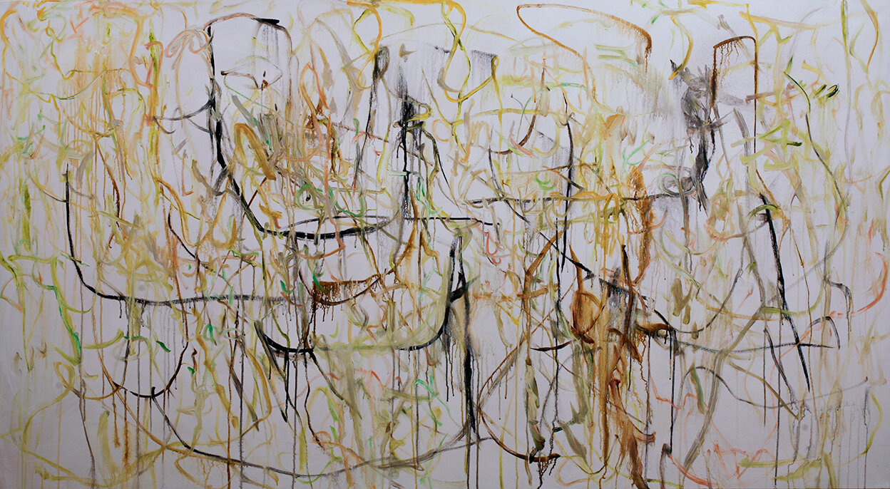 "The Establishment of a Line #1," Oct 8-2019, acrylic and ink on canvas, 43.5" x 79"