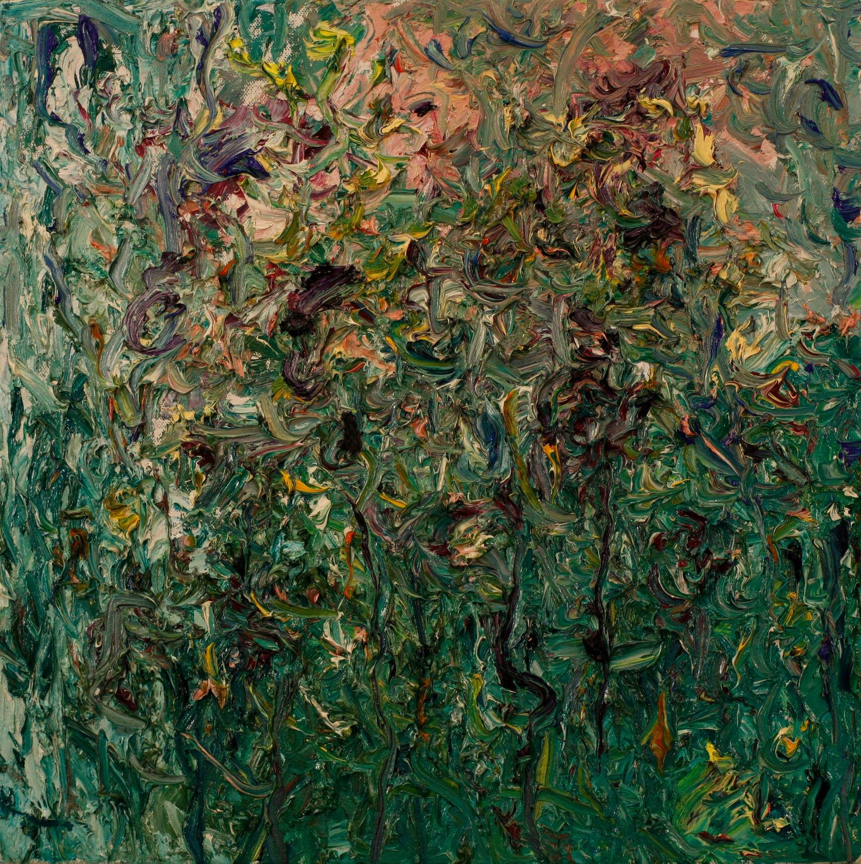 "Green City #102,"Flocks the the Back Yard", 18"x18", oil on canvas, July 17, 2020