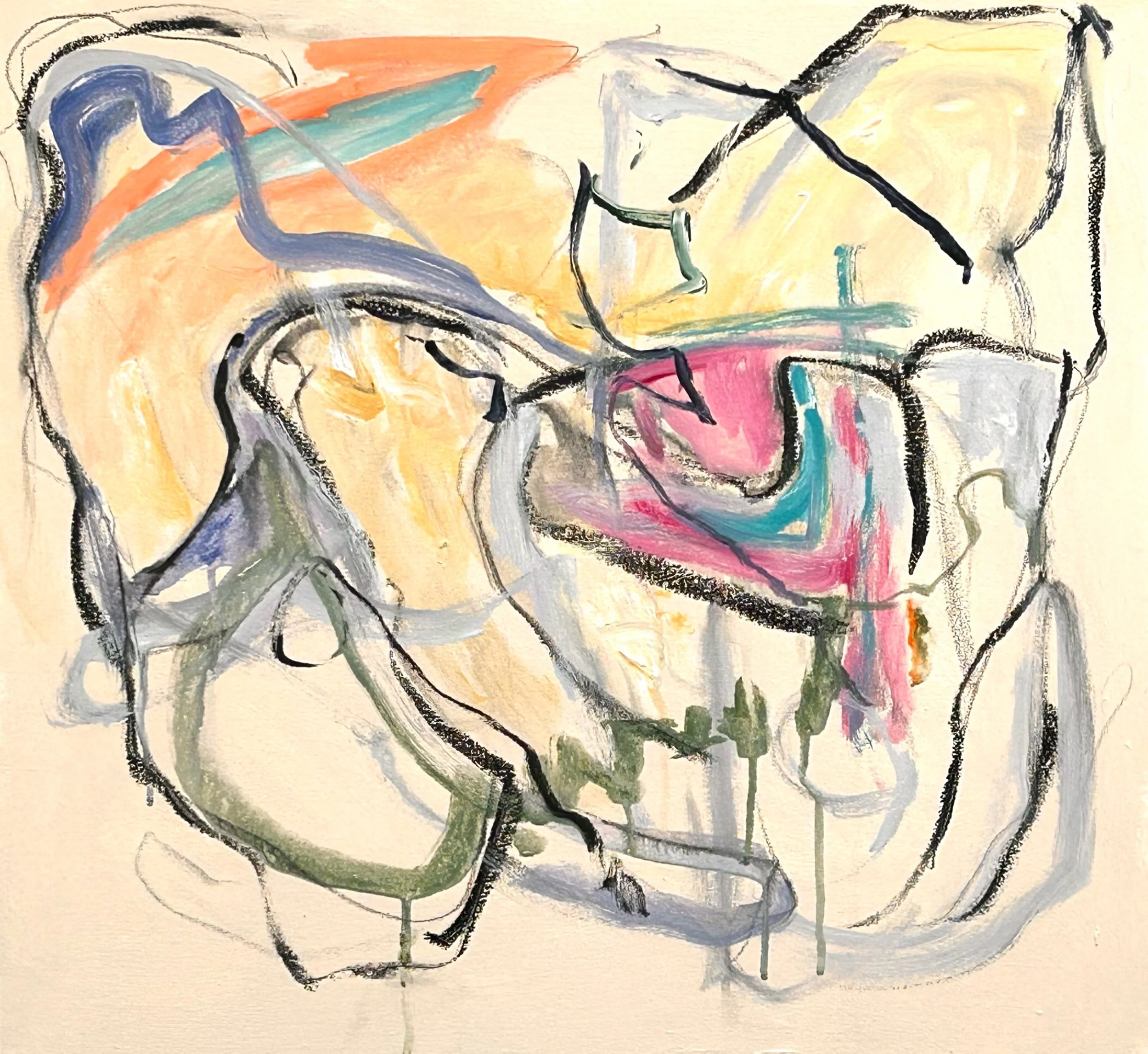 “7-6-‘25,” acrylic, oil, pencil on canvas, 22”x24”