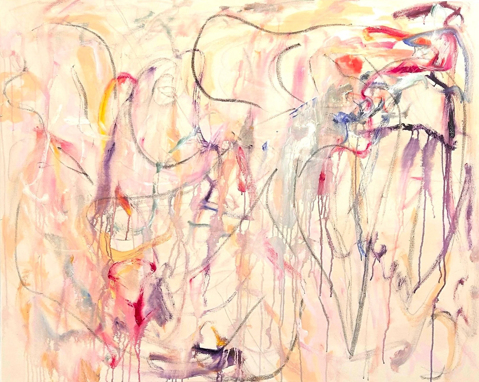 “7-18-‘25,” acrylic, oil stick, pencil on canvas, 48”x60”