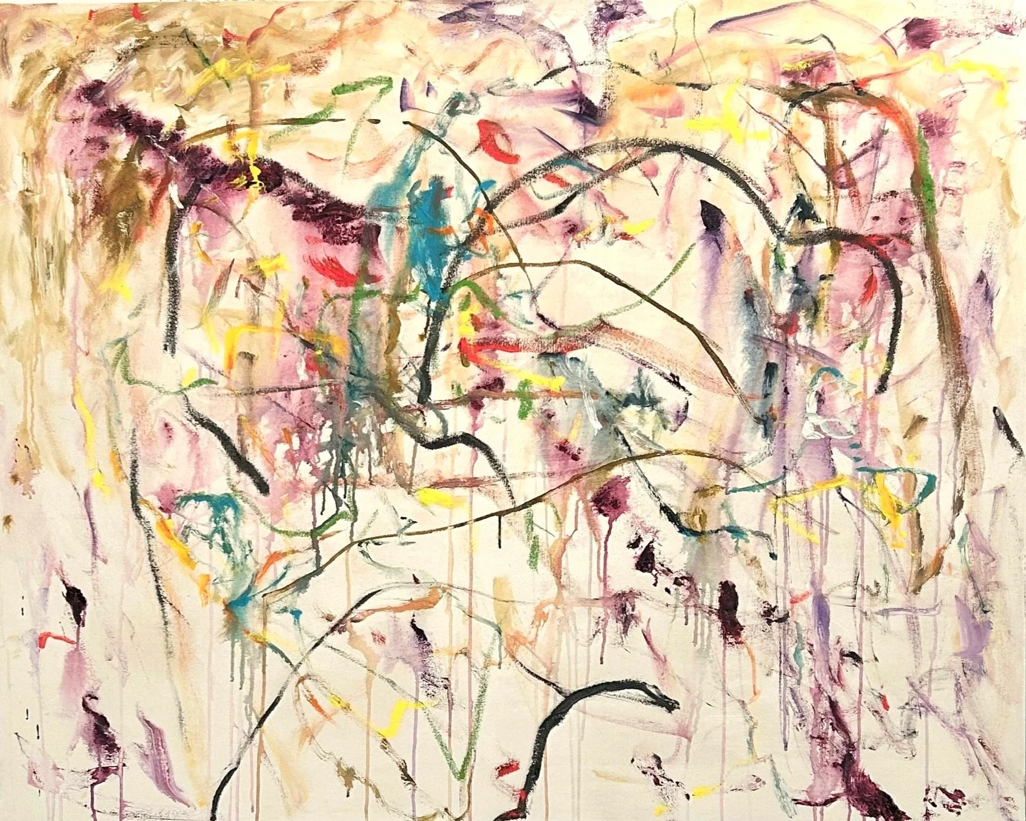 “Choir,” ink, acrylic and oil stick on canvas, 48” x 60” (8-5-‘25)