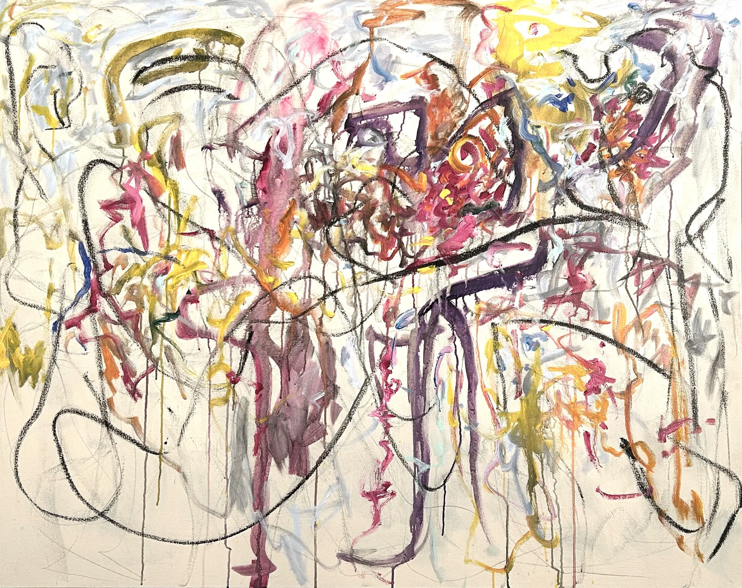 2“8-15-‘25,” acrylic, pencil, oil stick on canvas, 48”x60”