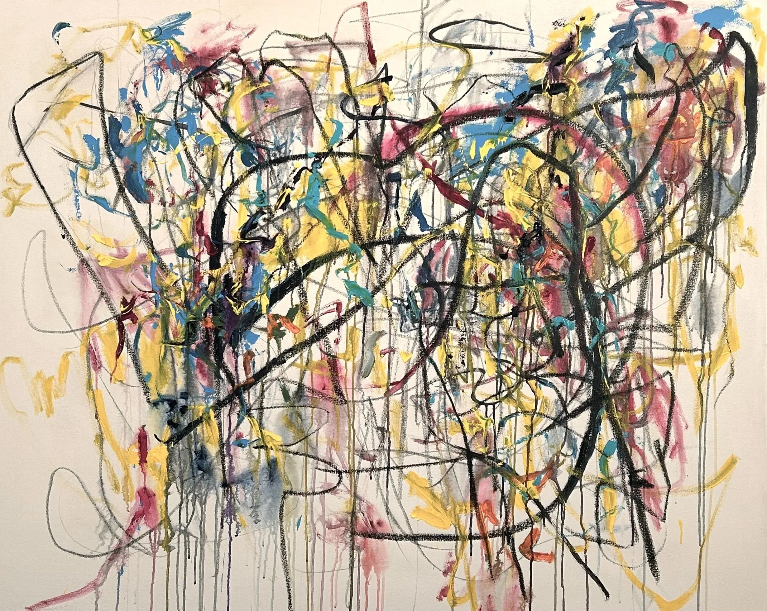 “8-19-‘25,” acrylic, Sumi ink, oil stick on canvas, 48”x60”