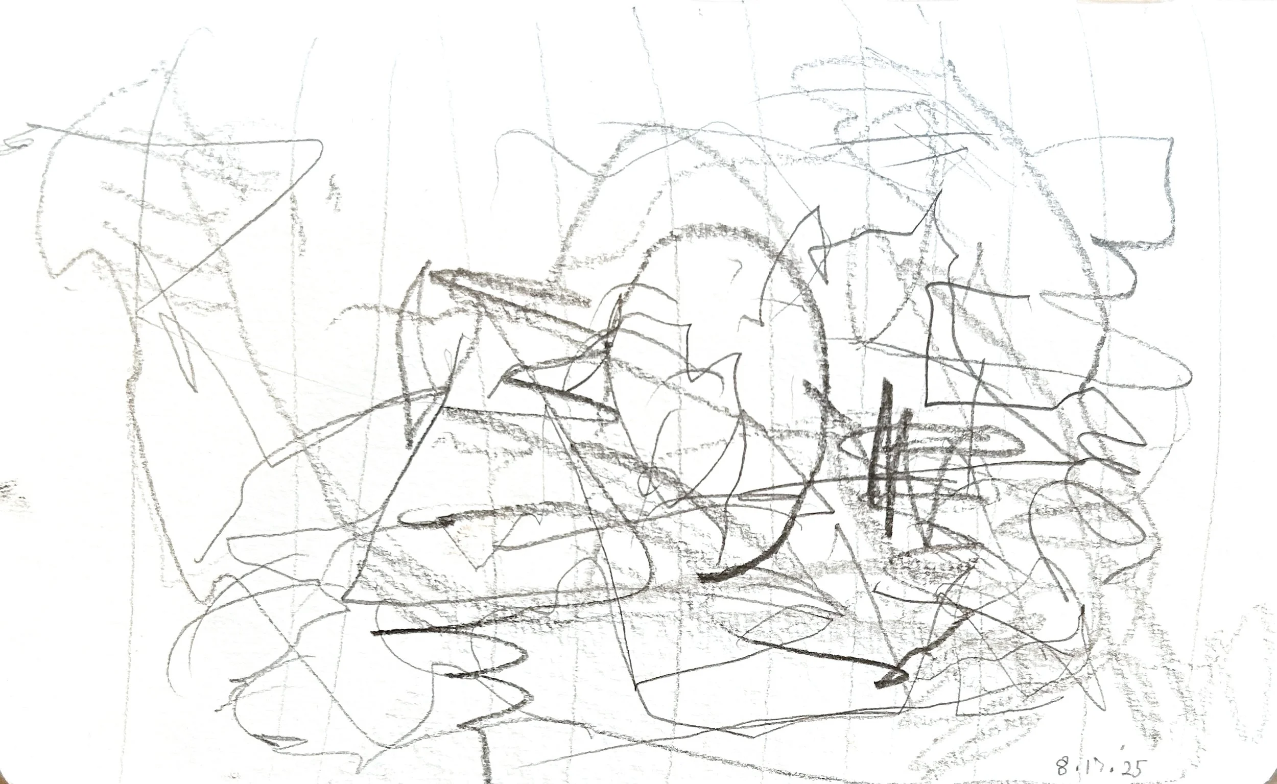 “8-17-‘25,” pencil on paper, 5"x8" (study for painting 8-19-'25, acrylic on canvas, 48"x60 "(found in "Paintings-2017-2025")