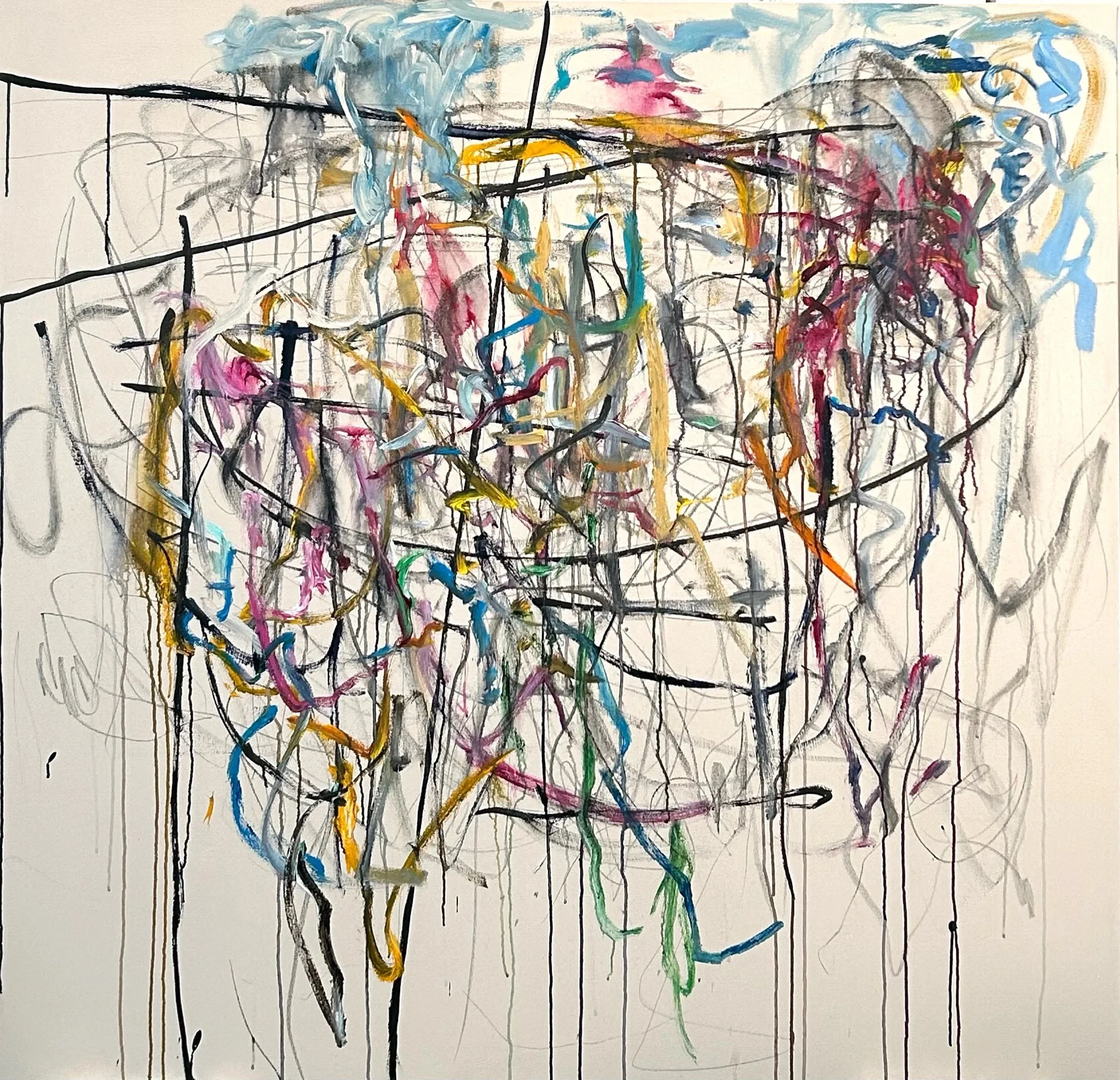 "9-4-25,” acrylic, pencil, Sumi ink on canvas, 60”x62”