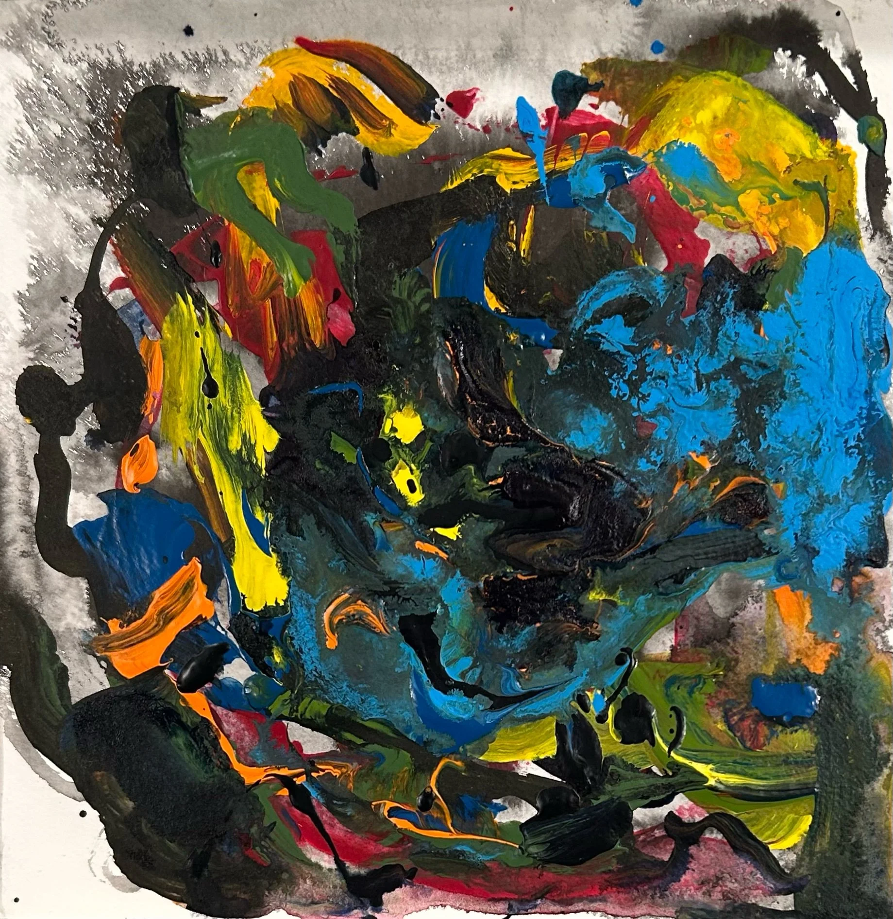 “9-16-‘25,” acrylic and Sumi Ink on Fluid watercolor paper, 8”x8”