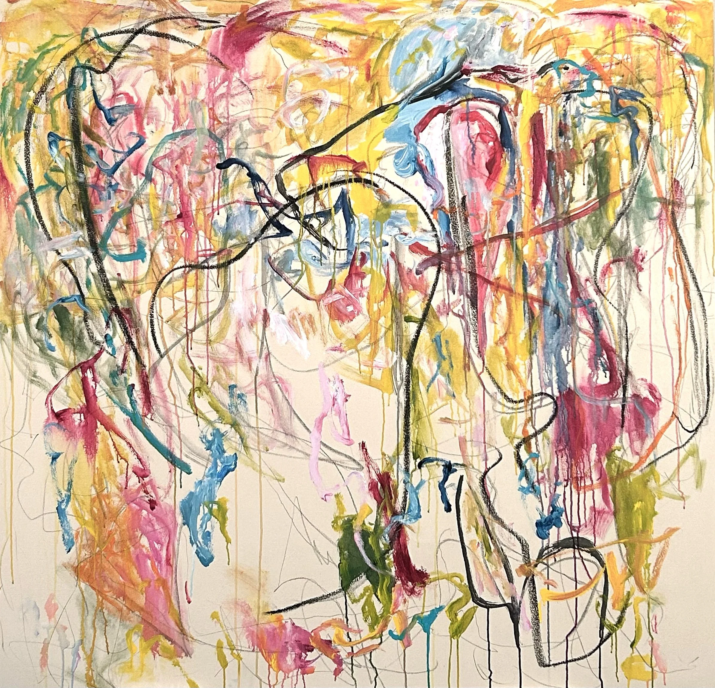 "9-21-‘25 A Gathering Painting,” acrylic, pencil, Sumi ink, oil stick on canvas, 60”x62”