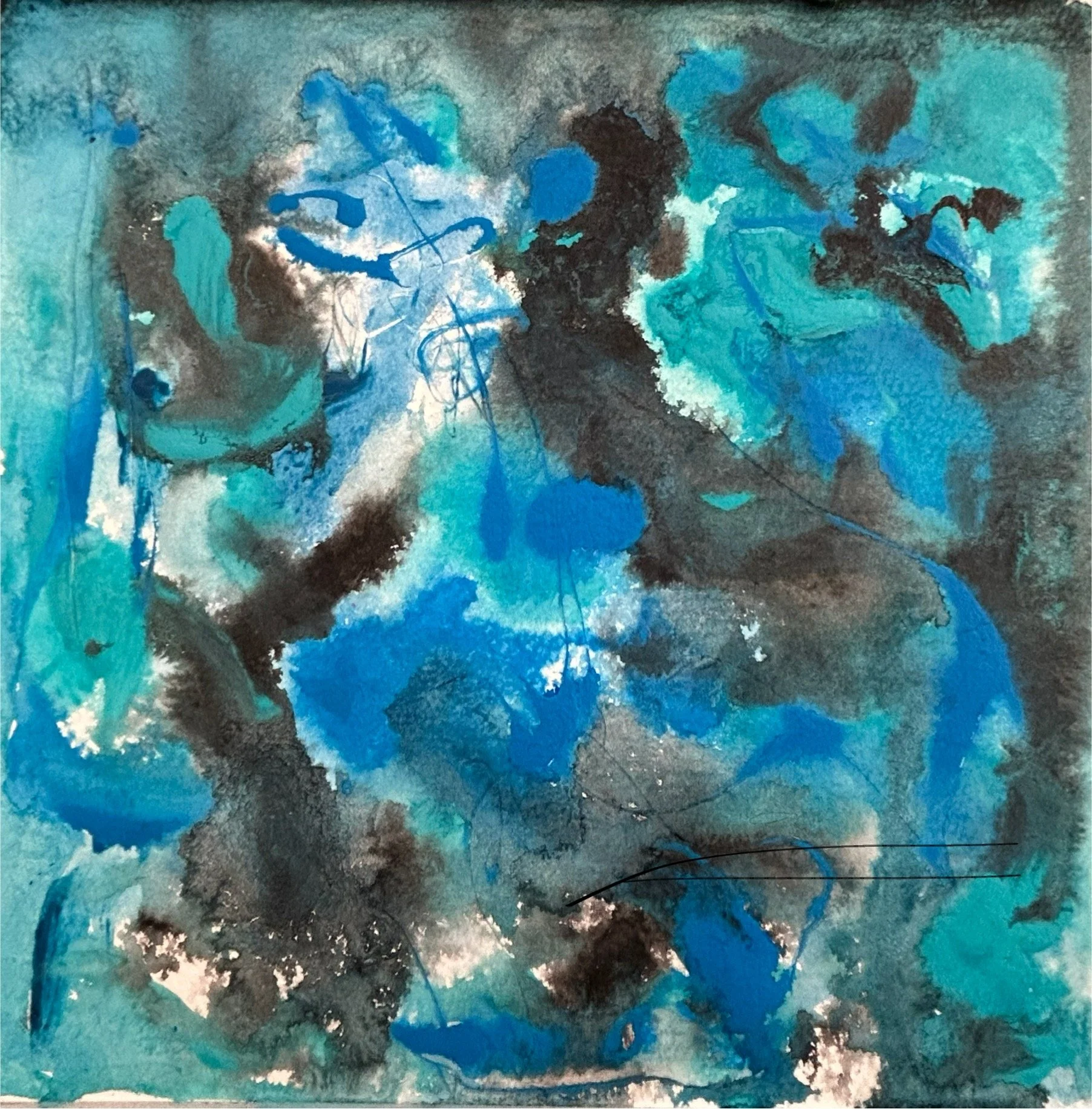 “9-23-‘25,” acrylic, Sumi ink on Fluid watercolor paper, 8”x8”