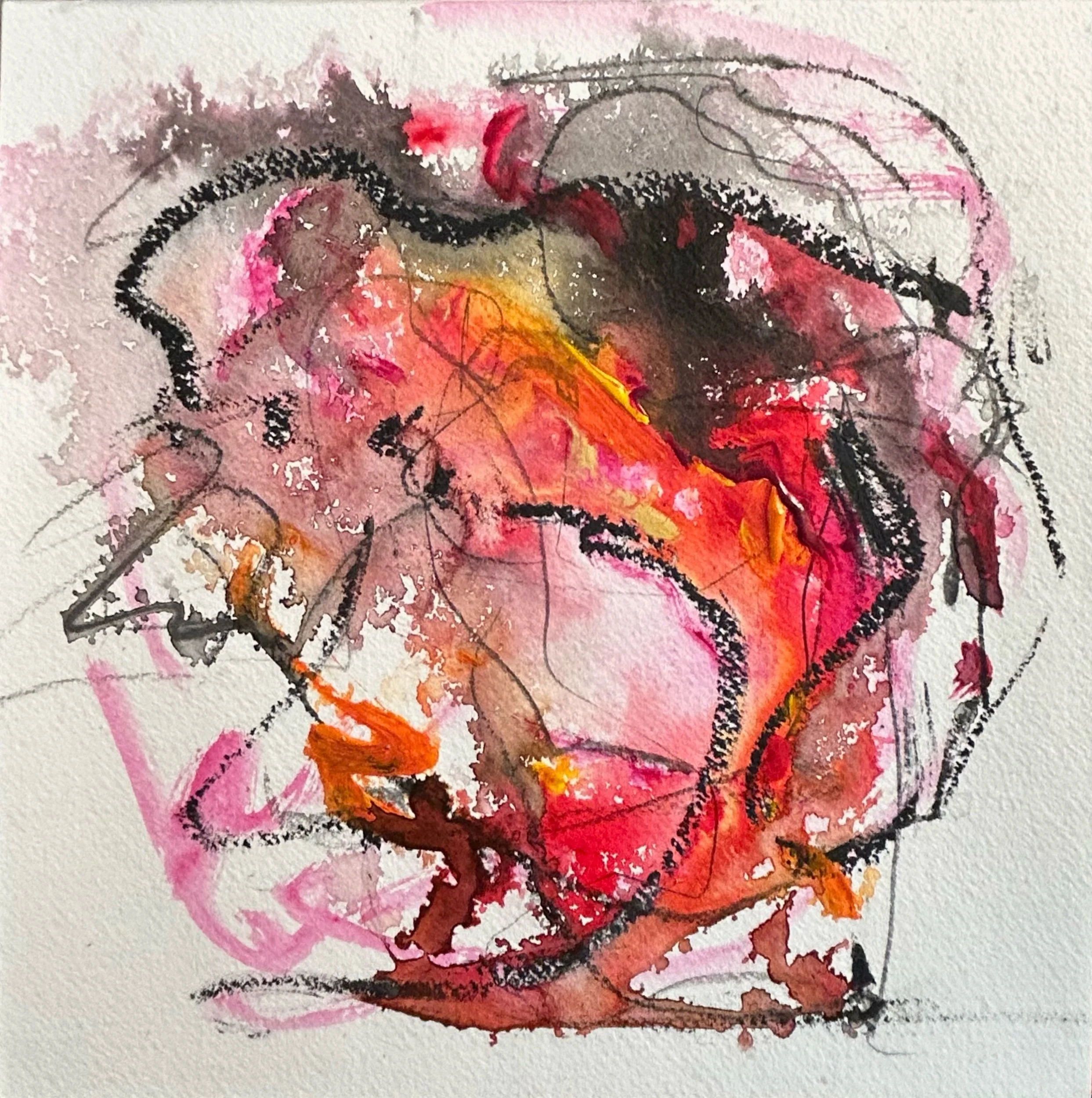 “10-21-‘25, A Gathering Painting,” acrylic, Sumi ink,  oil stick,  pencil on Fluid paper, 8”x8” 