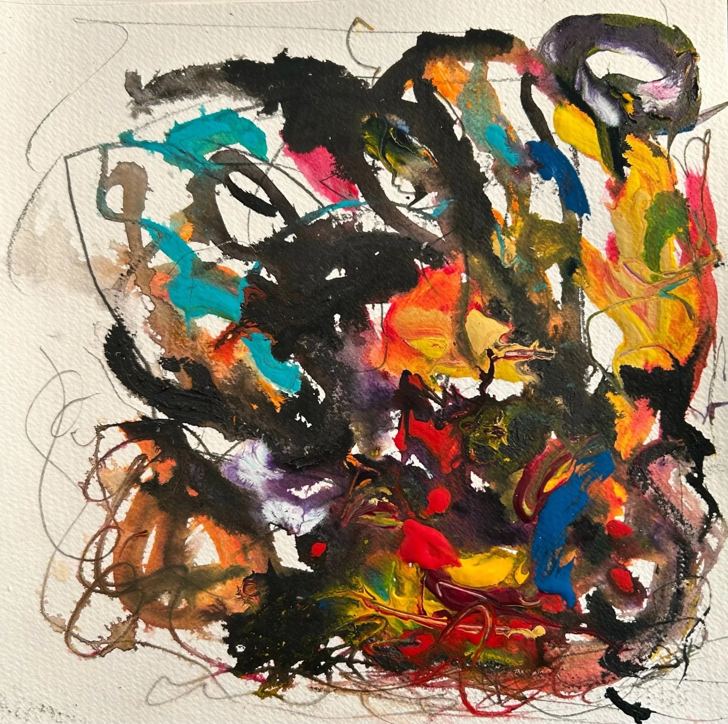 “ 10-21-‘25,  A Gathering Painting,” acrylic, Sumi ink, oil stick, pencil on Fluid paper,  8”x8”