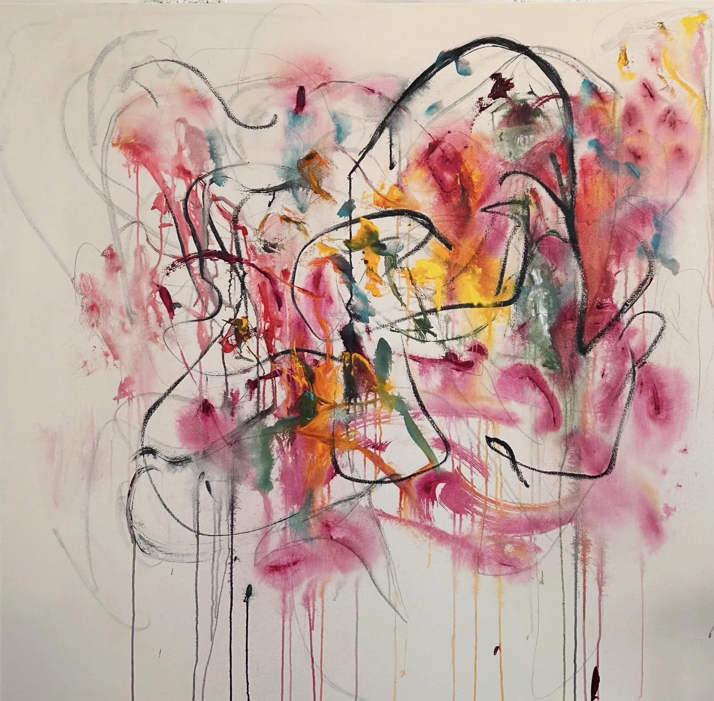 “10-26-‘25, A Gathering Painting, acrylic,Sumi ink, pencil, oil stick on canvas, 60”x62”