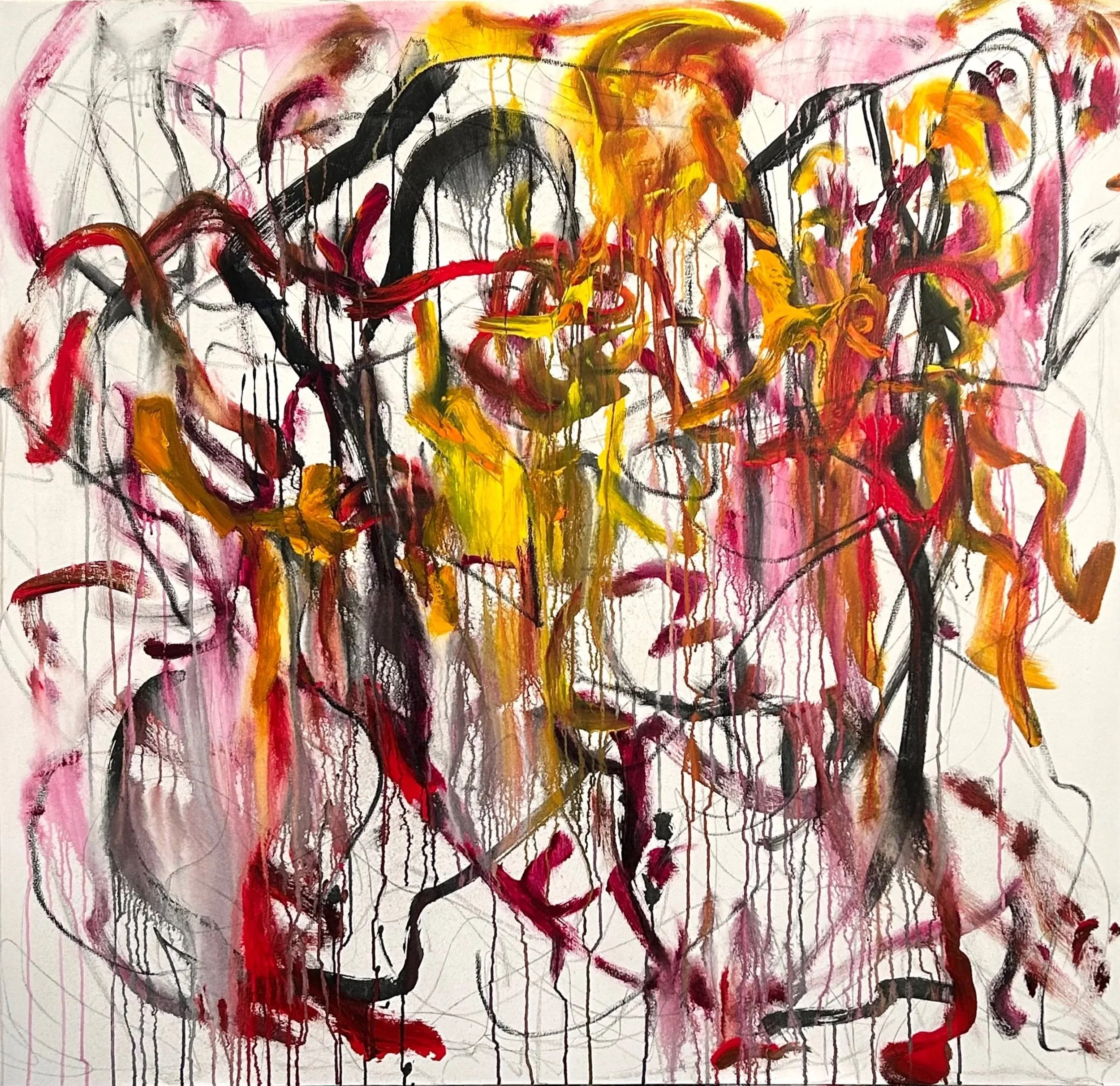 "A Gathering” 11-6-'25," acrylic, Sumi ink, graphite, oil stick on canvas, 60"x62"