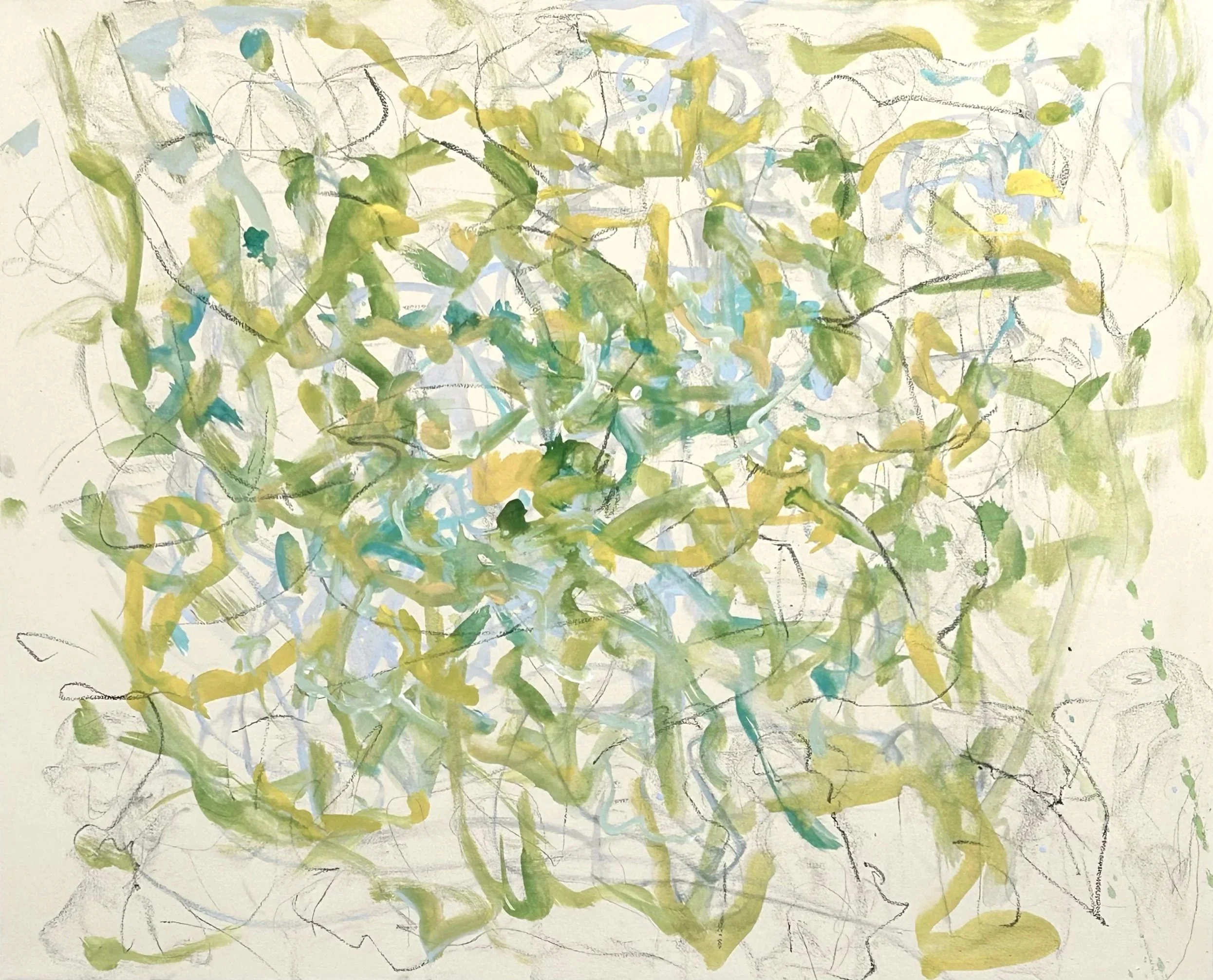 “A Gathering” 11-18-‘25,” acrylic, graphite, oil stick on canvas, 48”x60” 