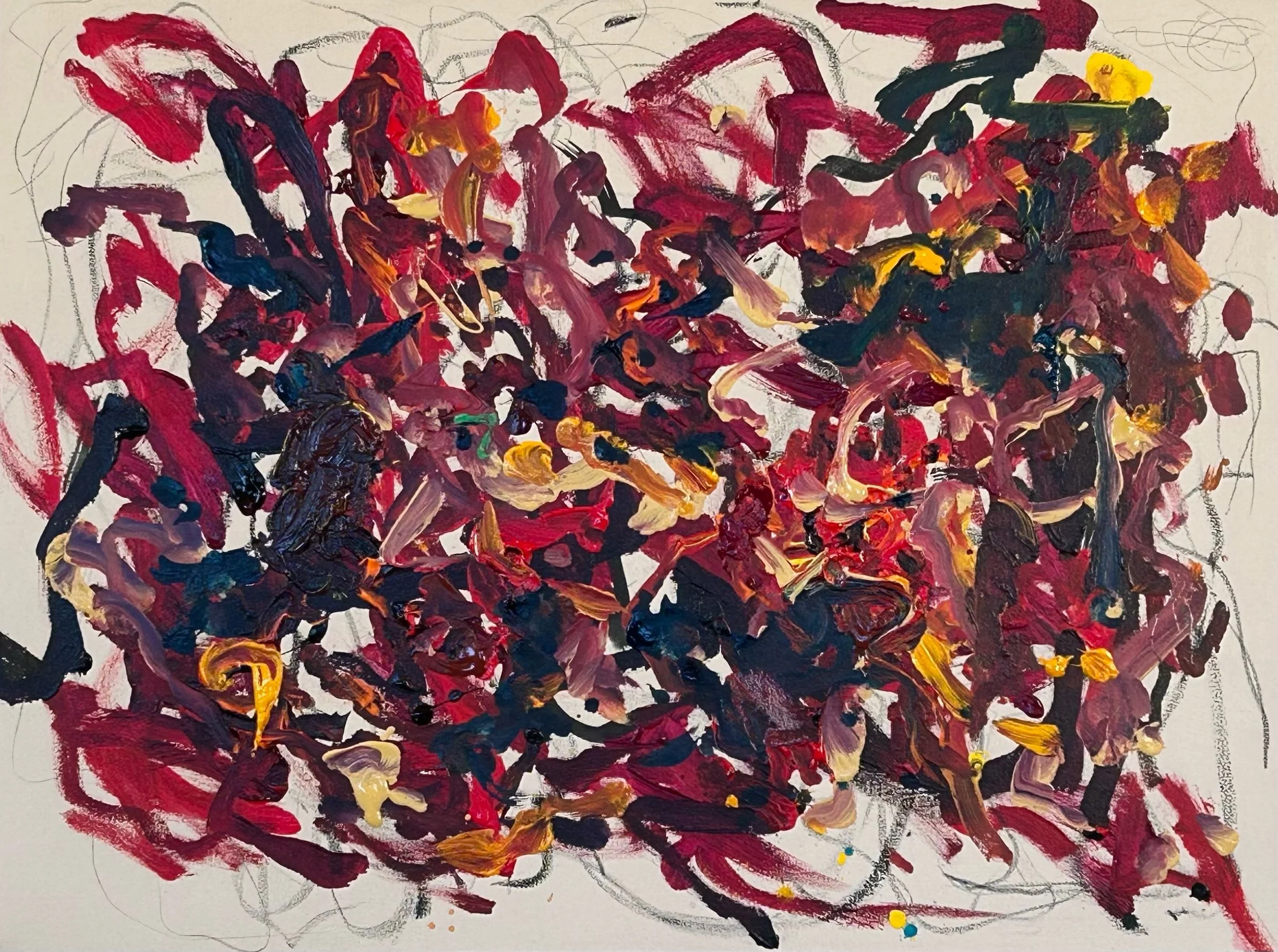 "A Gathering" 11-23-'25, acrylic, pencil, Sumi ink, oil stick on canvas, 30"x40"