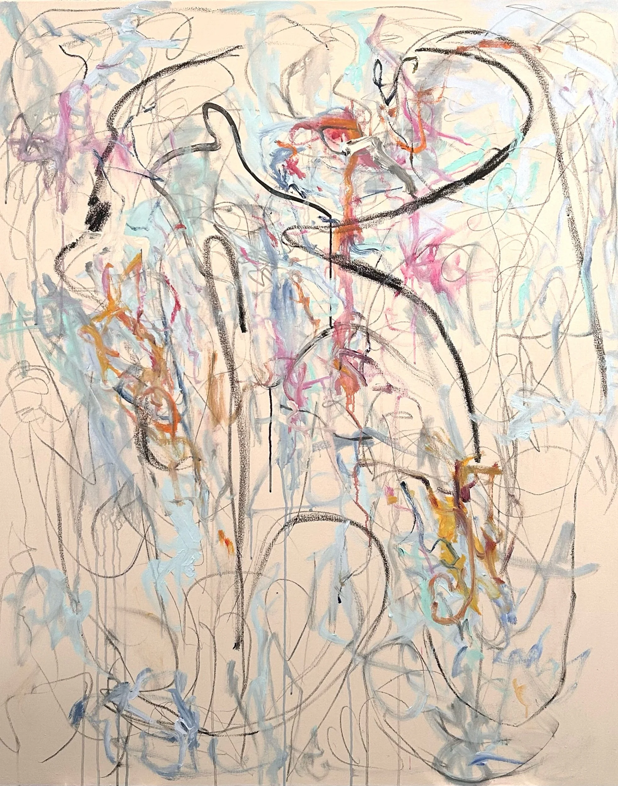 “A Gathering" 12-2-‘25, graphite, oil stick, Sumi ink,  acrylic on canvas, 60”x48”