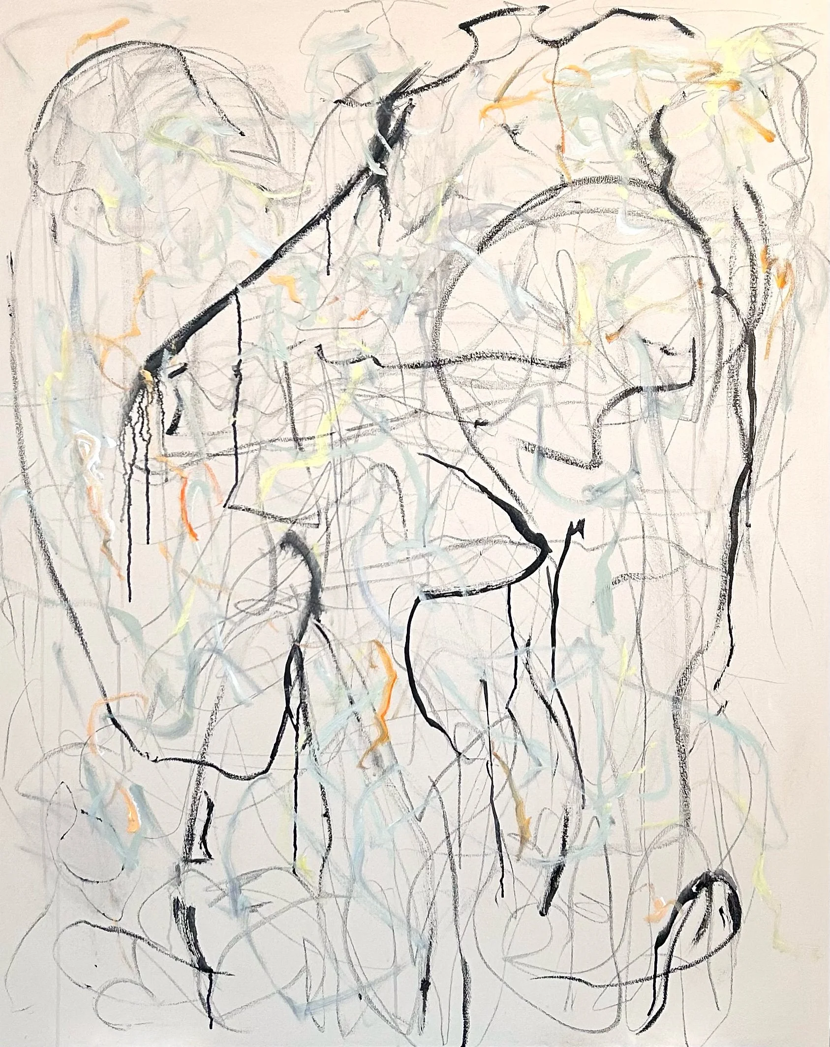 “A Gathering” 12-12-‘25, graphite, Sumi ink, acrylic and oil stick on canvas, 60”x48”