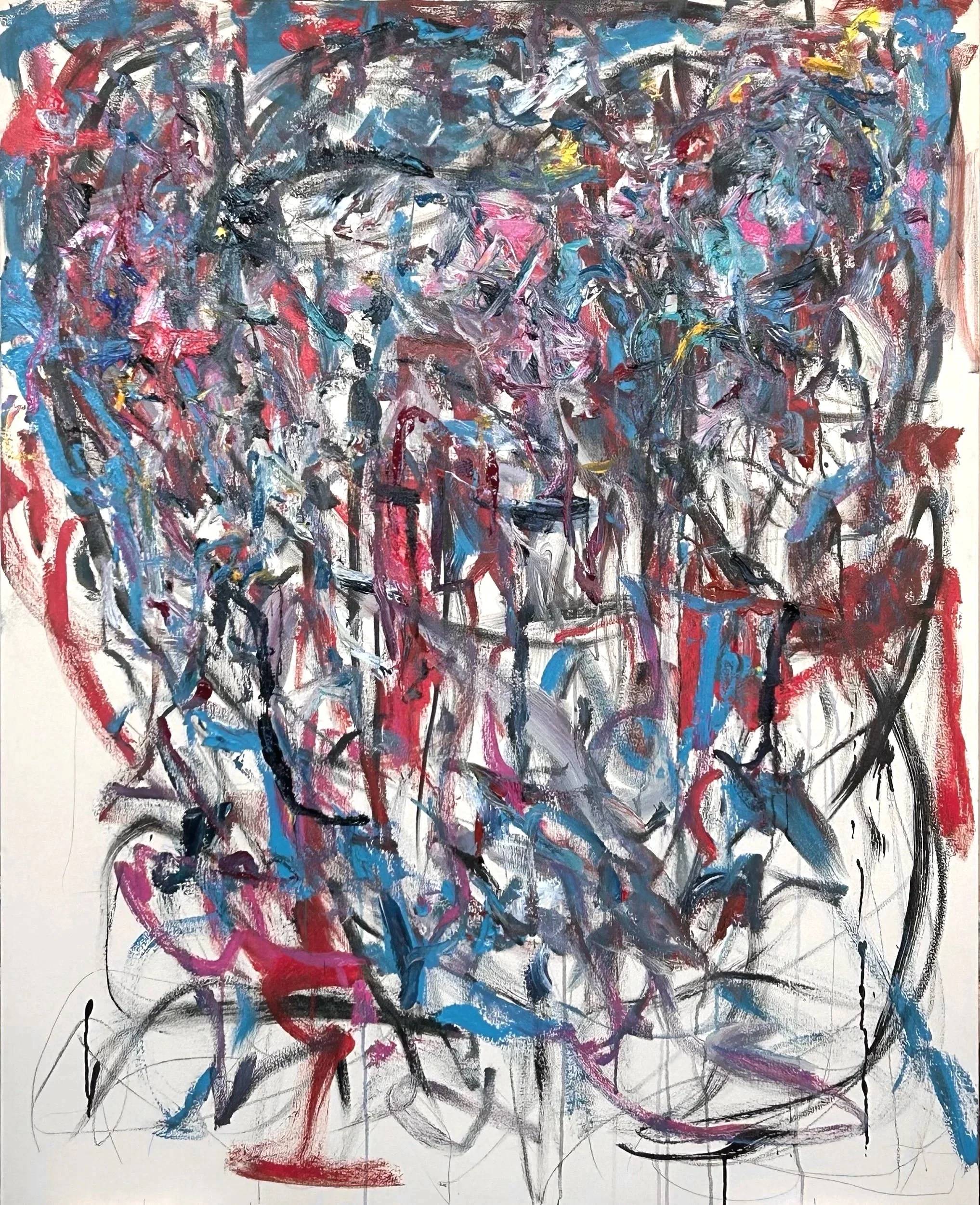 “A Gathering” 12-16-‘25, graphite, acrylic, oil stick, Sumi ink on canvas, 60”x48”