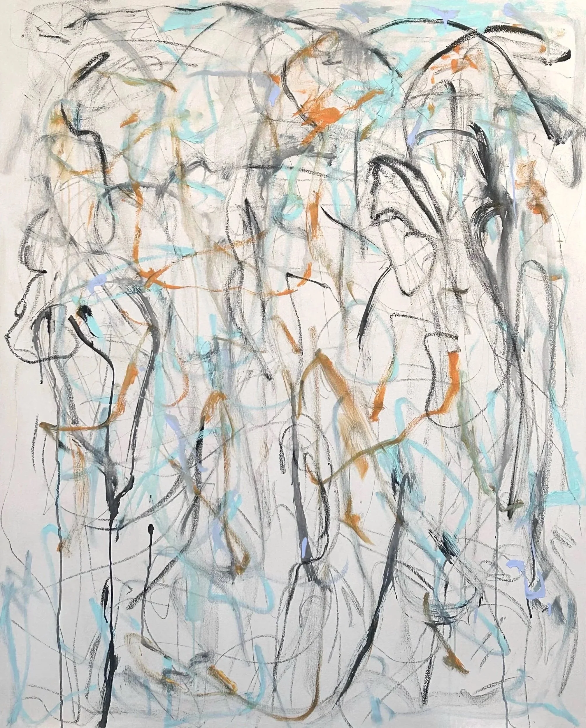  “A Gathering” 12-25-‘25, graphite, acrylic, Sumi ink, oil stick on canvas, 60”x48”