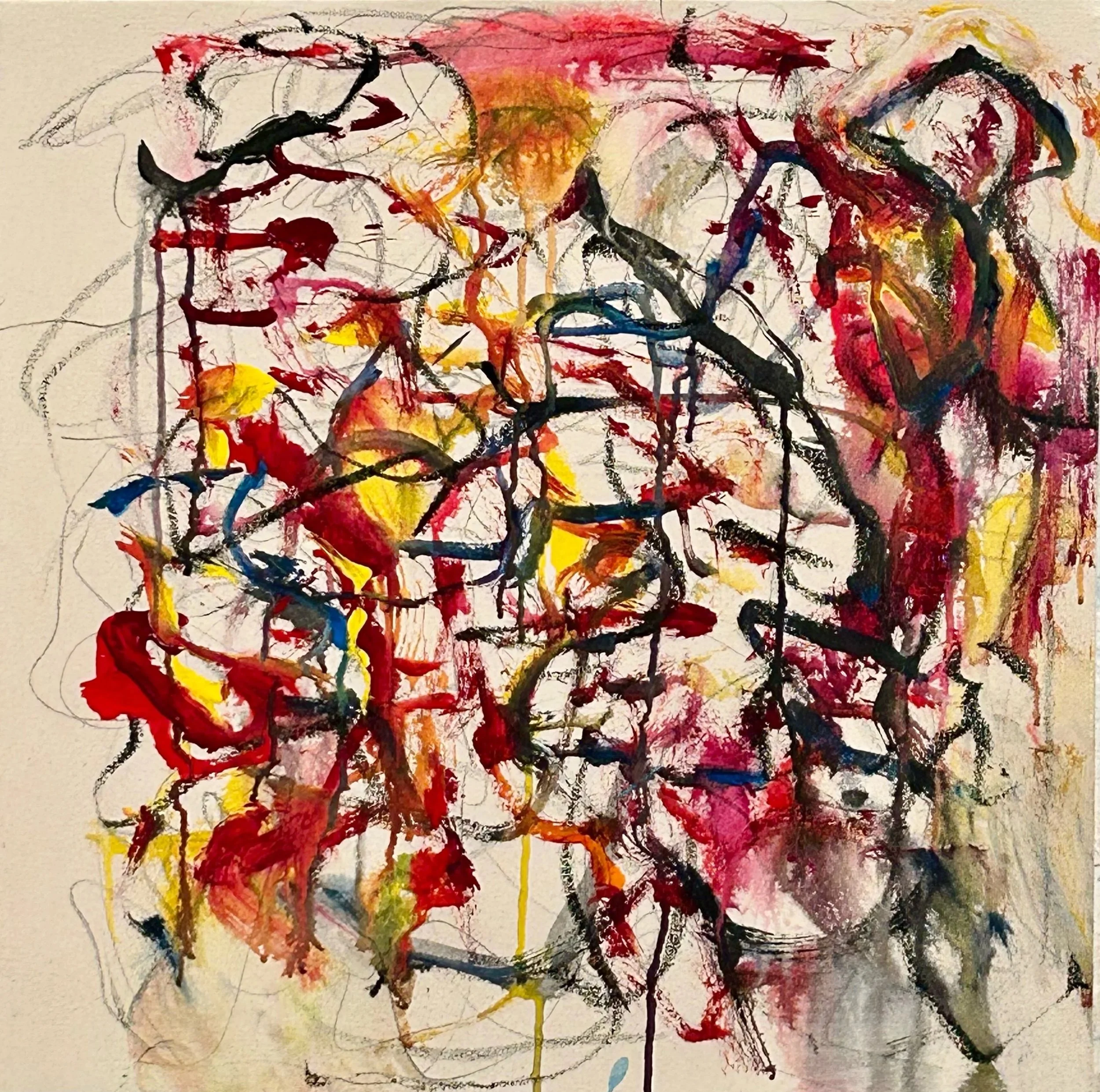 “A Gathering" from Mpls, 1-25-‘26, graphite, acrylic, Sumi ink, oil stick on canvas, 24”x24”