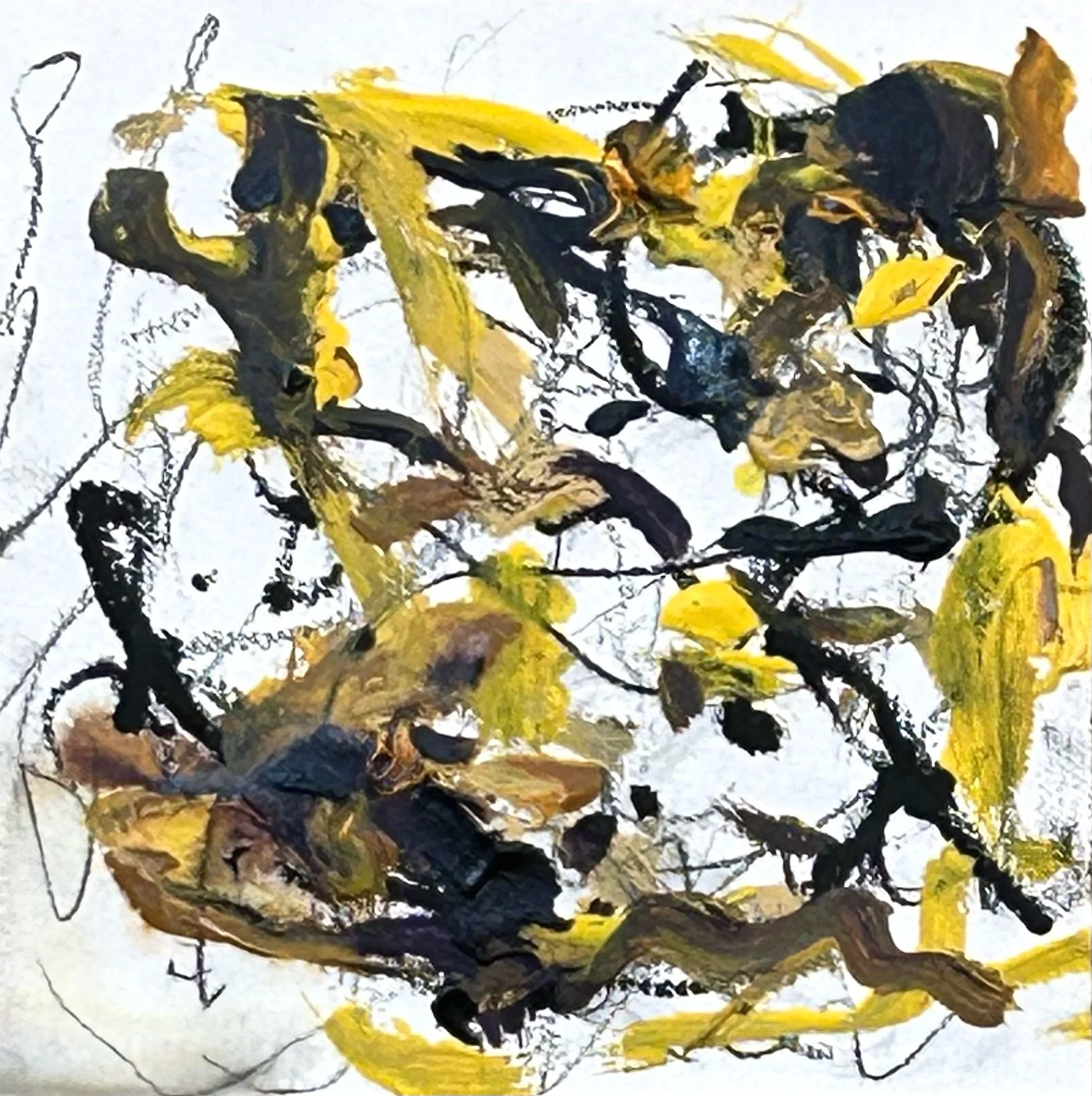 “A Gathering” from Mpls, graphite, acrylic, Sumi ink, oil stick on “Fluid” watercolor paper, 8”x8”