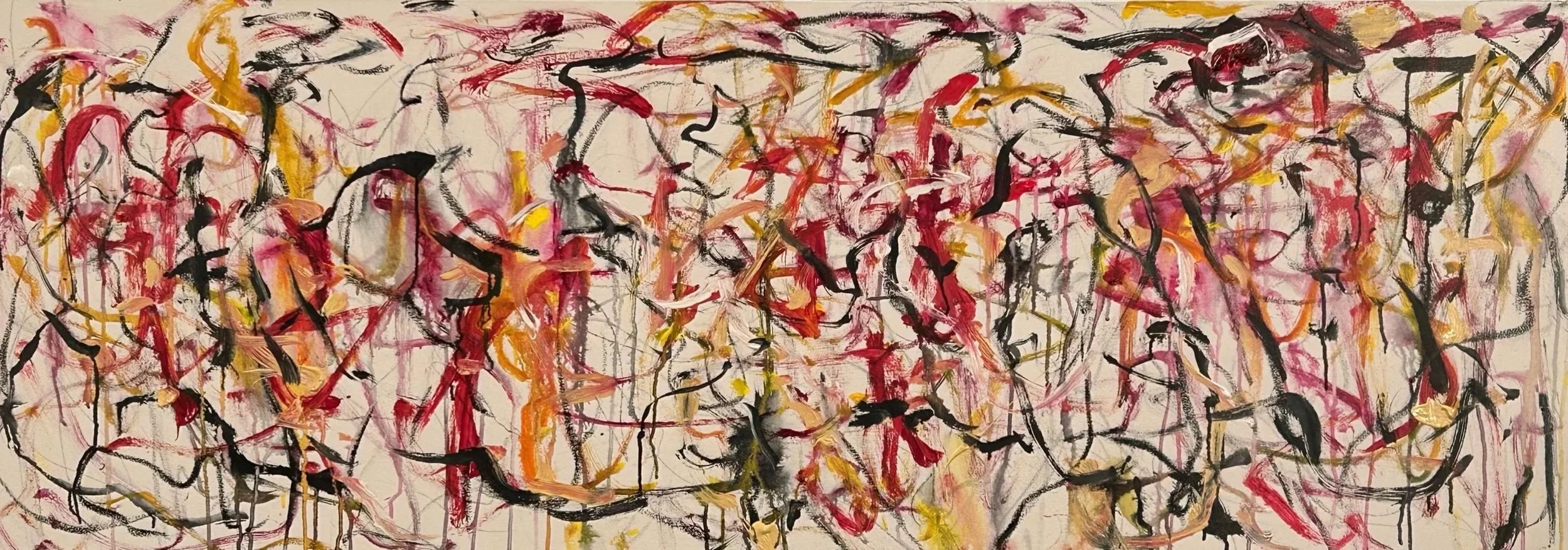 “A Gathering” from Mpls, 2-3-‘26, graphite, acrylic, Sumi ink, oil stick on canvas, 26”x72”(2