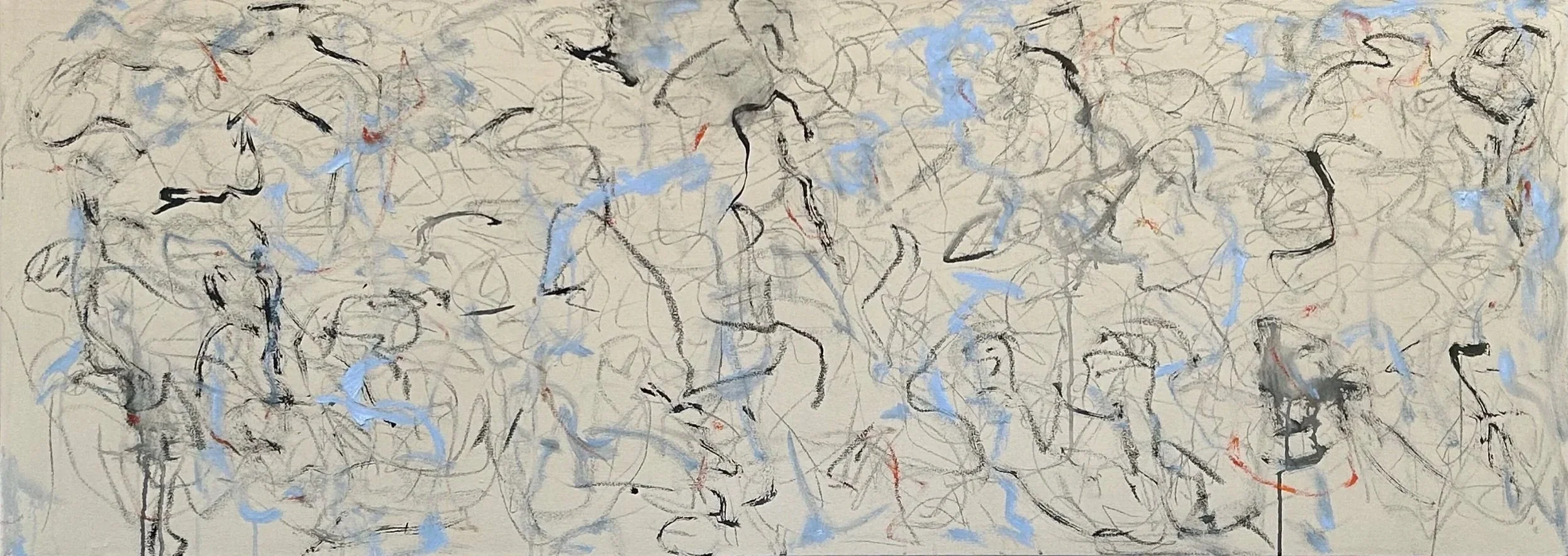“A Gathering” from Mpls, 2-17-‘26, graphite, acrylic, Sumi ink, oil stick on canvas, 26”x72”