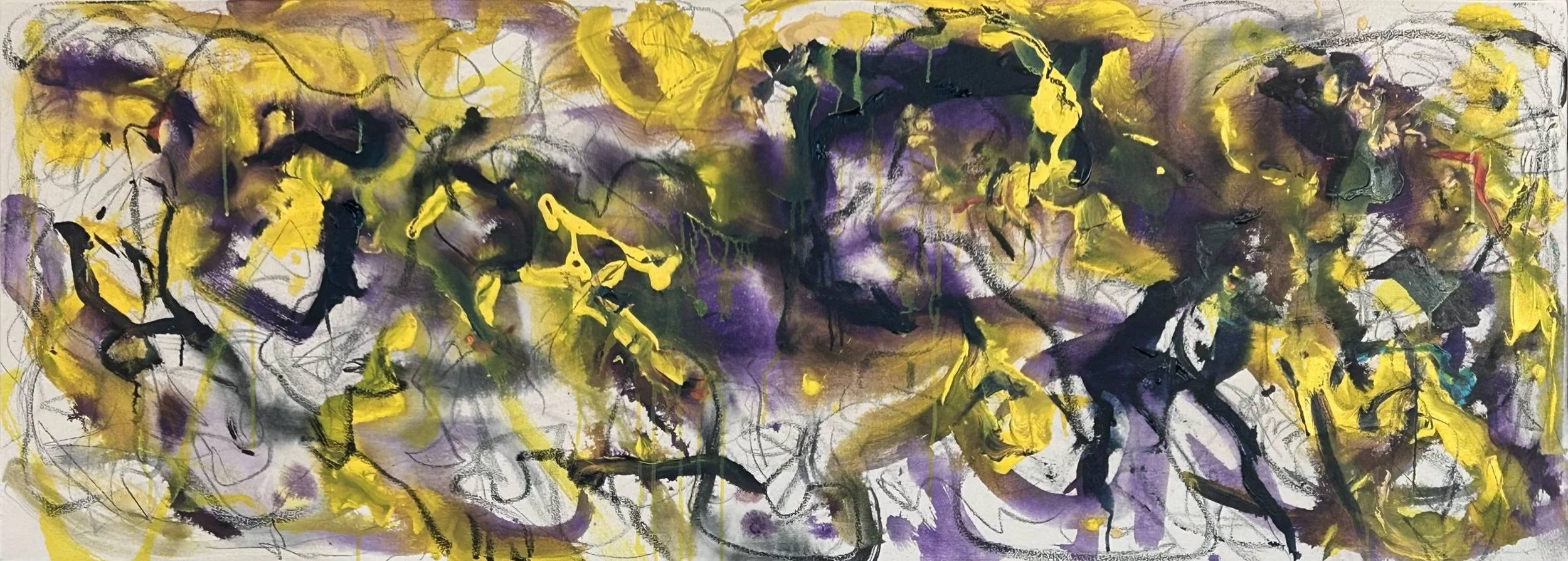 ."A Gathering" 2-26-'26, graphite, acrylic, Sumi ink, oil stick on canvas, 26"x72"