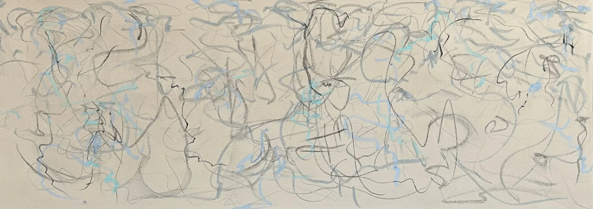  “A Gathering” 3-9-’26, graphite and oil stick on canvas, 26”x72” 